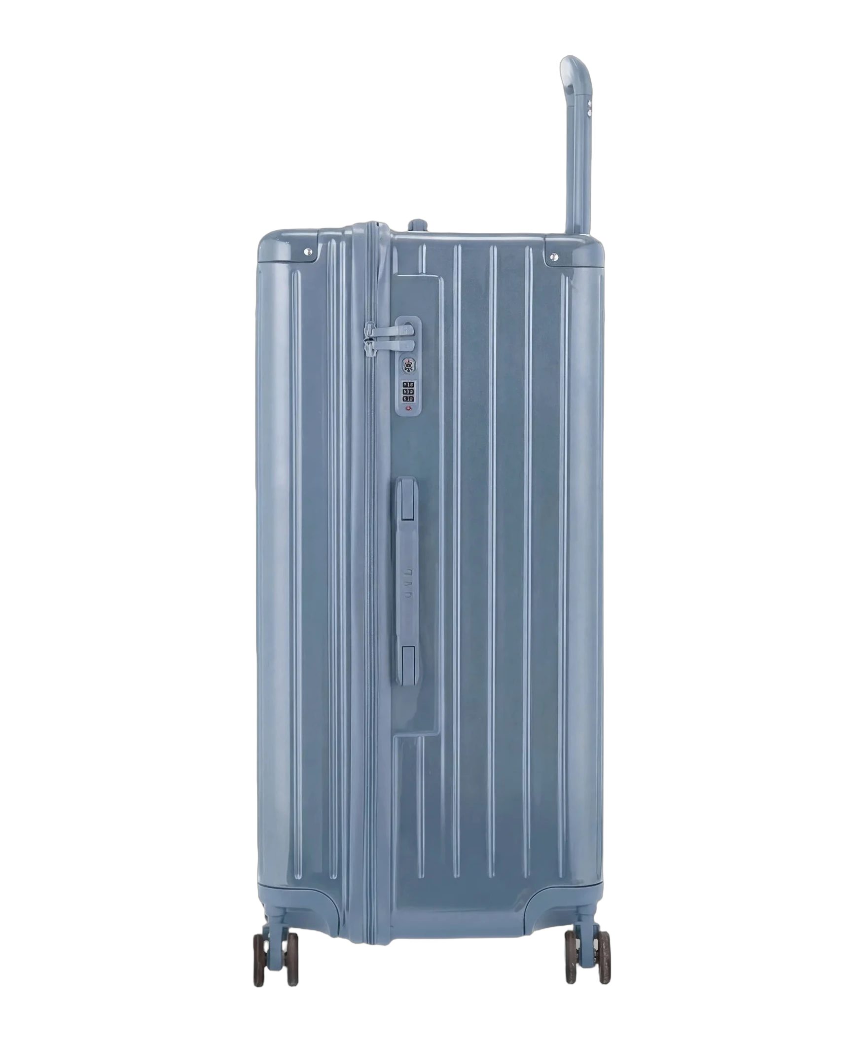 Valise trunk GYL taille XL bleu grise vue de dos avec trolley telescopique deploye