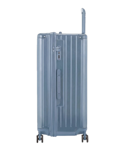 Valise trunk GYL taille XL bleu grise vue de dos avec trolley telescopique deploye