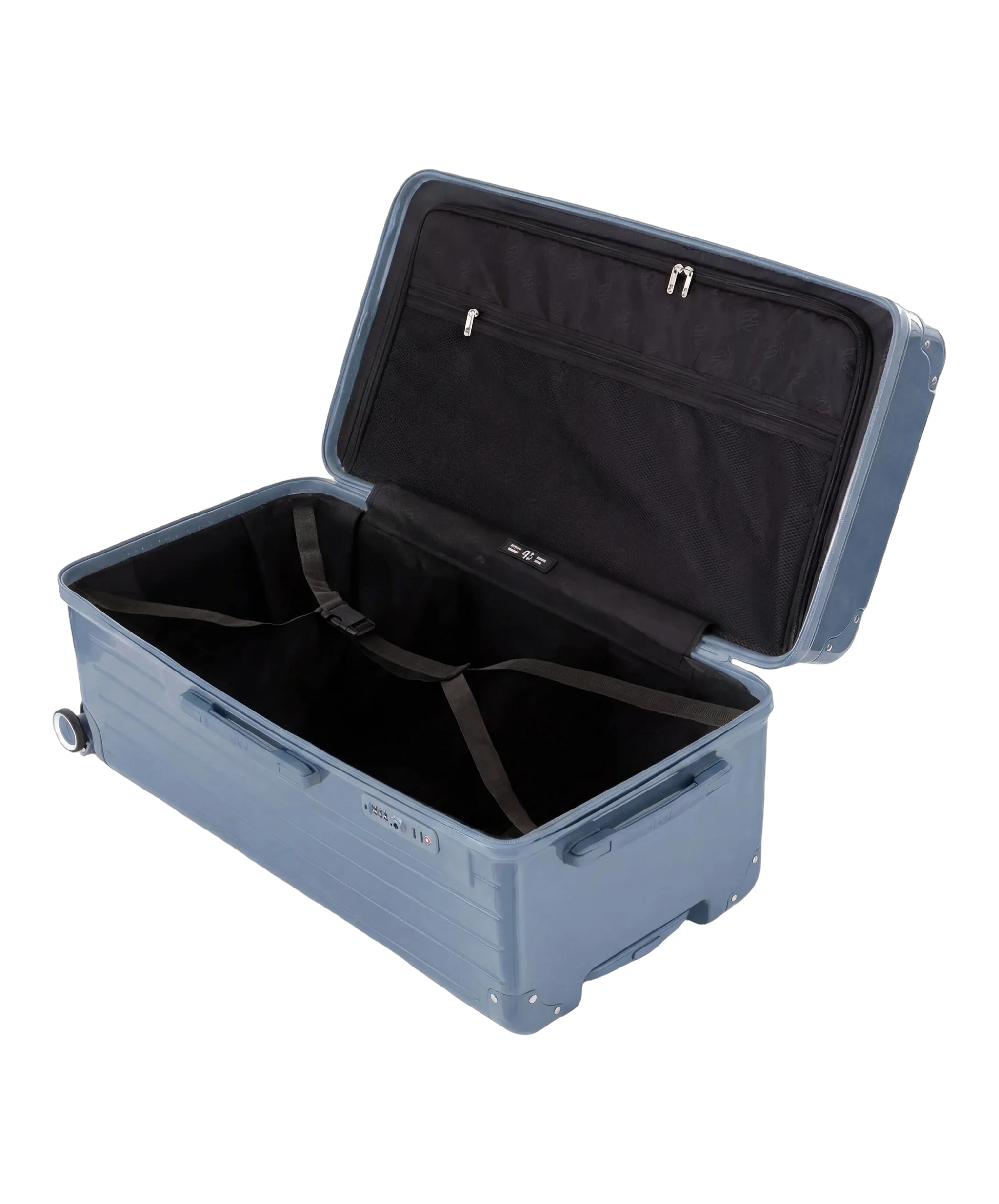Valise trunk GYL taille XL bleu grise interieur ouvert avec compartiments et sangles