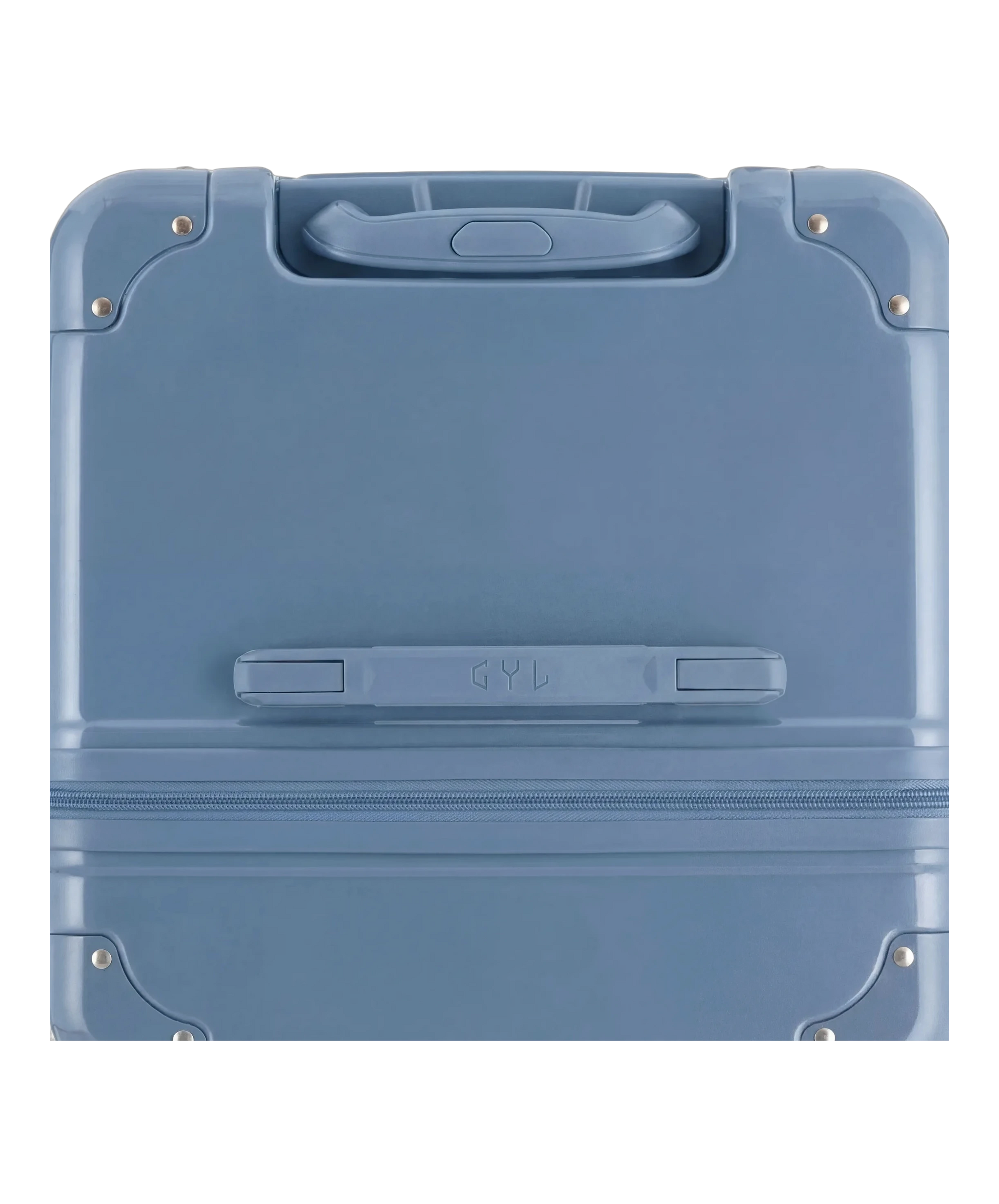 Valise trunk GYL taille XL bleu grise vue du dessus avec la poignee