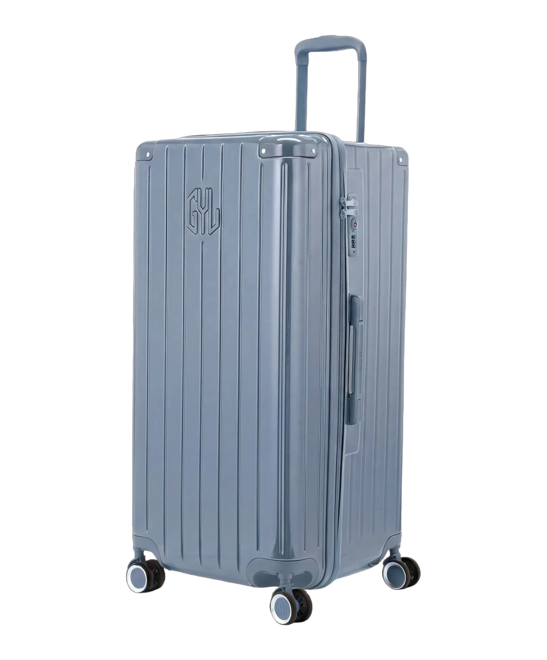 Valise trunk GYL taille XL bleu grise vue trois quarts polycarbonate rigide