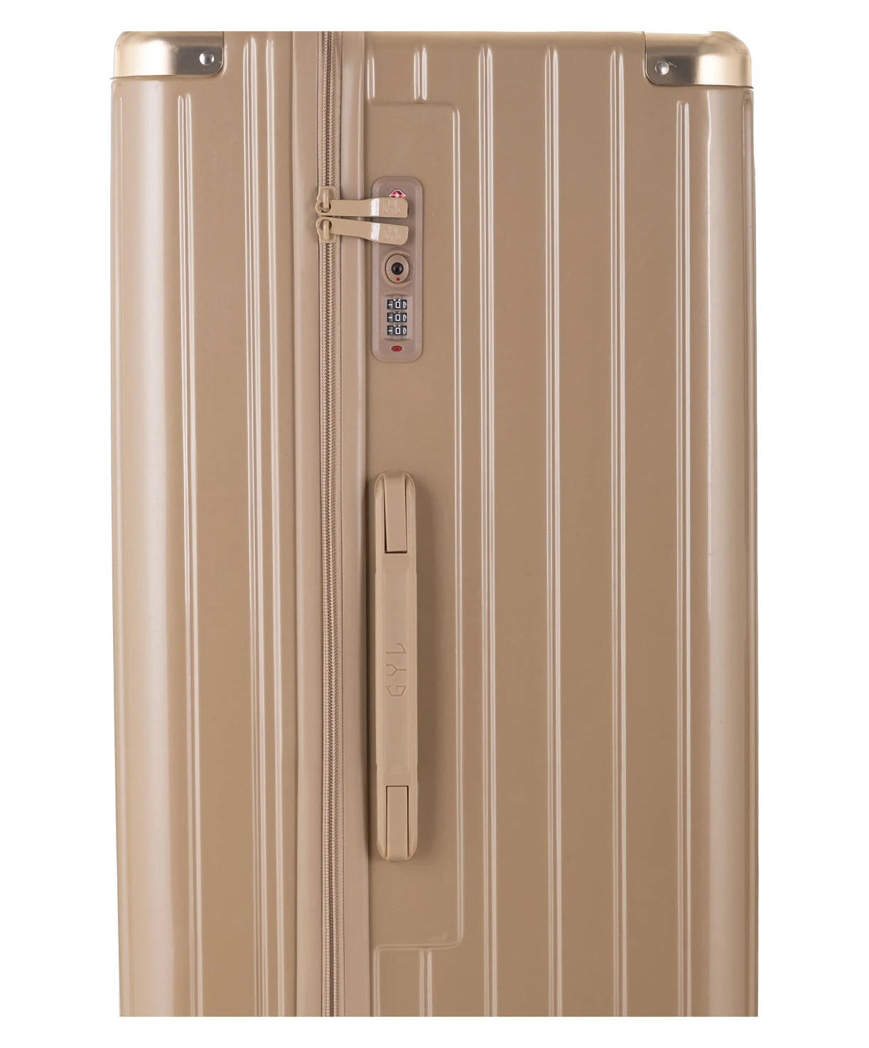 Valise Trunk XL Intemporelle GYL en polycarbonate 78 cm coloris champagne gros plan sur la serrure TSA et la fermeture eclair