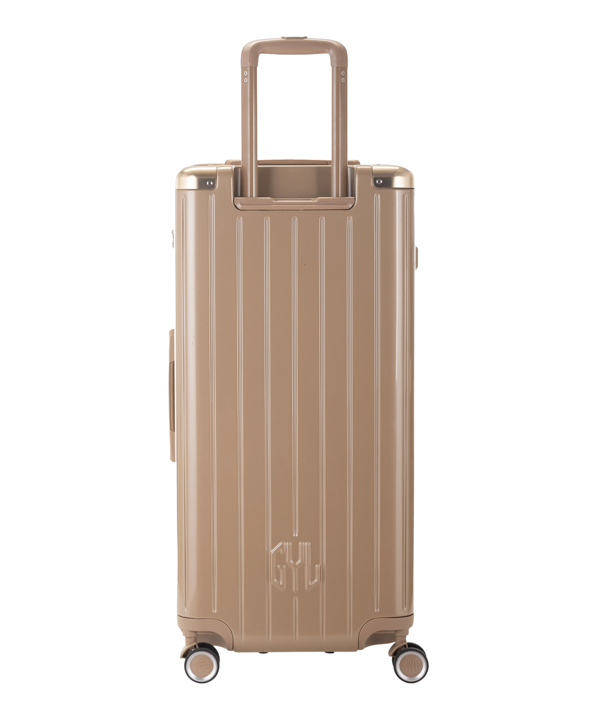 Valise Trunk XL Intemporelle GYL en polycarbonate 78 cm coloris champagne vue de dos avec trolley telescopique deploye