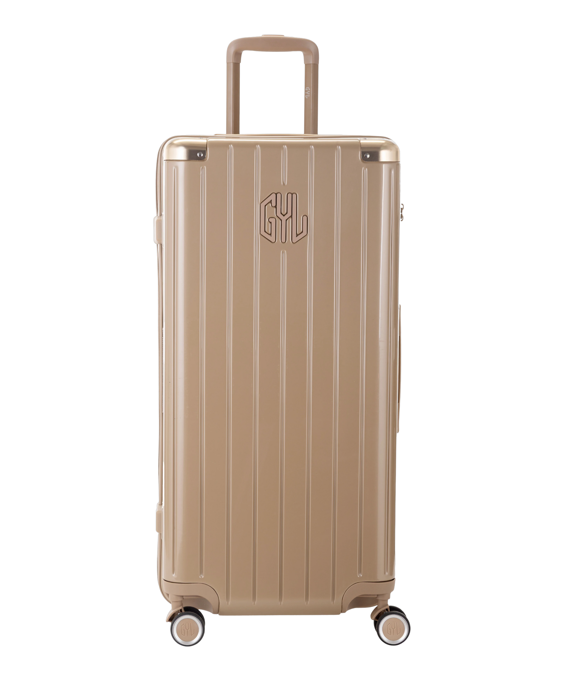 Valise Trunk XL Intemporelle GYL en polycarbonate 78 cm coloris champagne vue de face avec logo GYL en relief