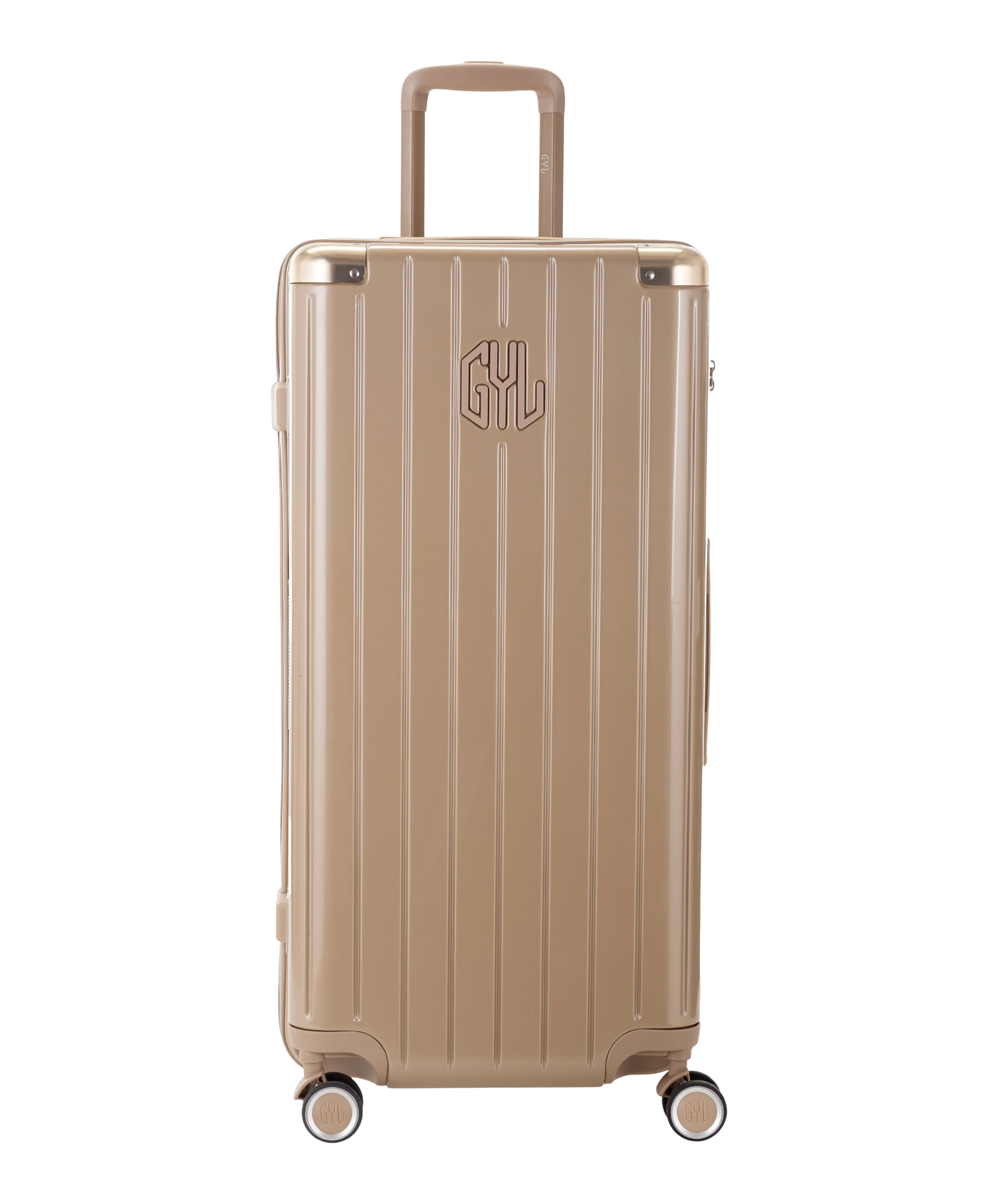Valise Trunk XL Intemporelle GYL en polycarbonate 78 cm coloris champagne vue de face avec logo GYL en relief
