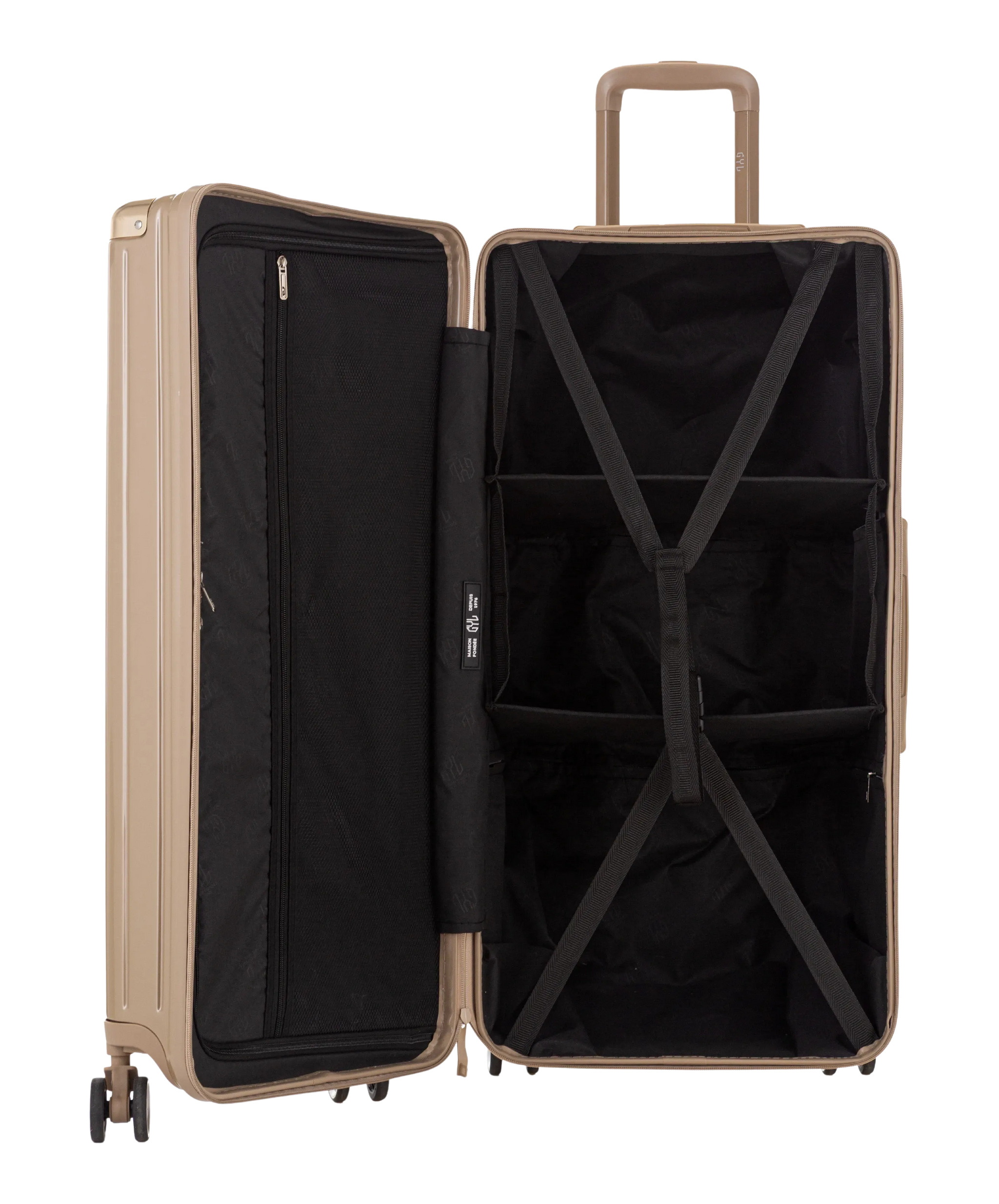 Valise Trunk GYL en polycarbonate Trunk XL 80 cm coloris champagne interieur ouvert avec sangles et compartiments