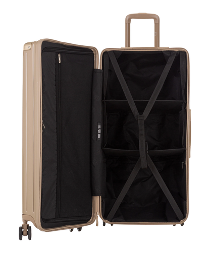 Valise Trunk GYL en polycarbonate Trunk XL 80 cm coloris champagne interieur ouvert avec sangles et compartiments