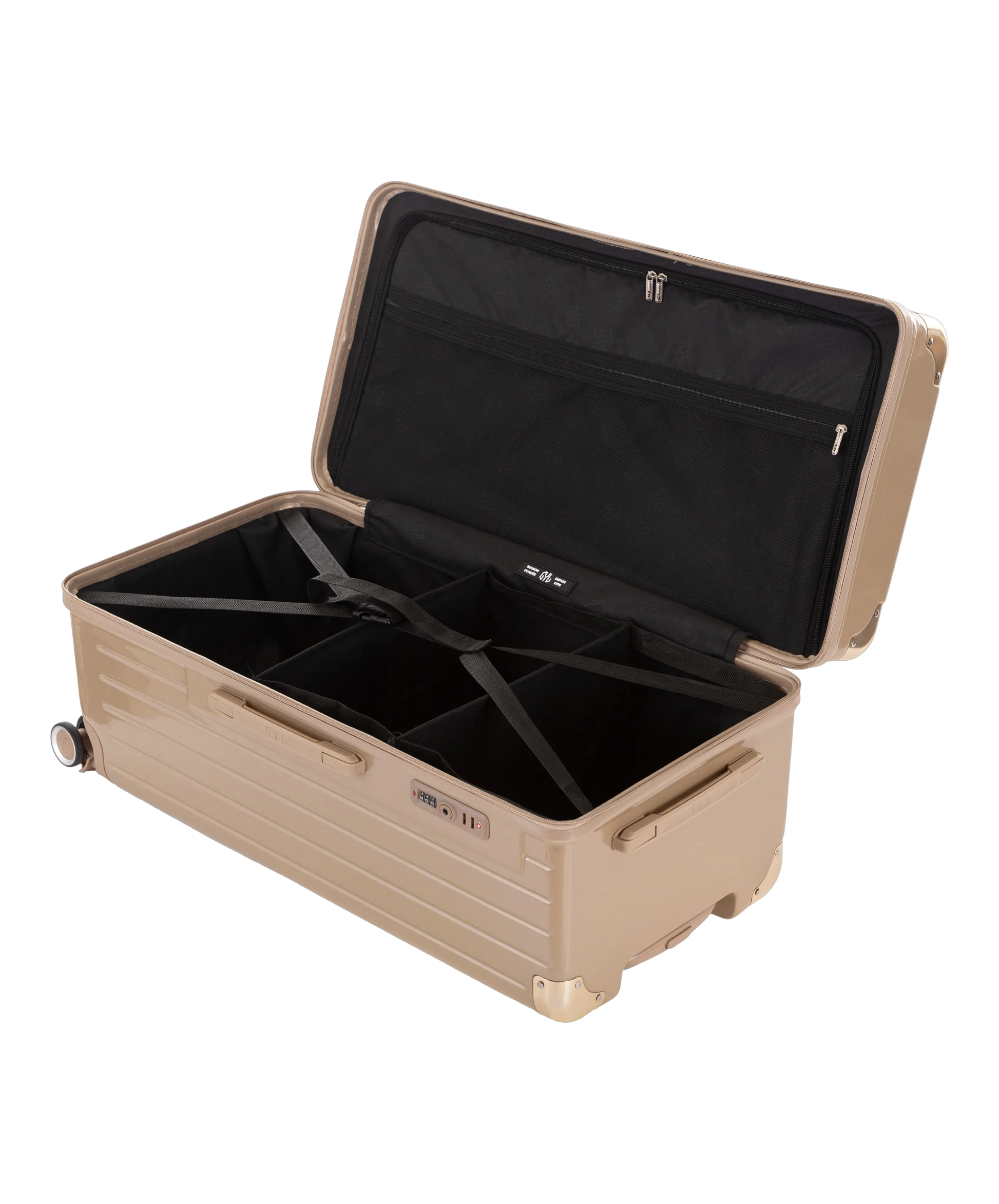 Valise Trunk XL Intemporelle GYL en polycarbonate 78 cm coloris champagne interieur ouvert a plat vu de dessus avec separateurs