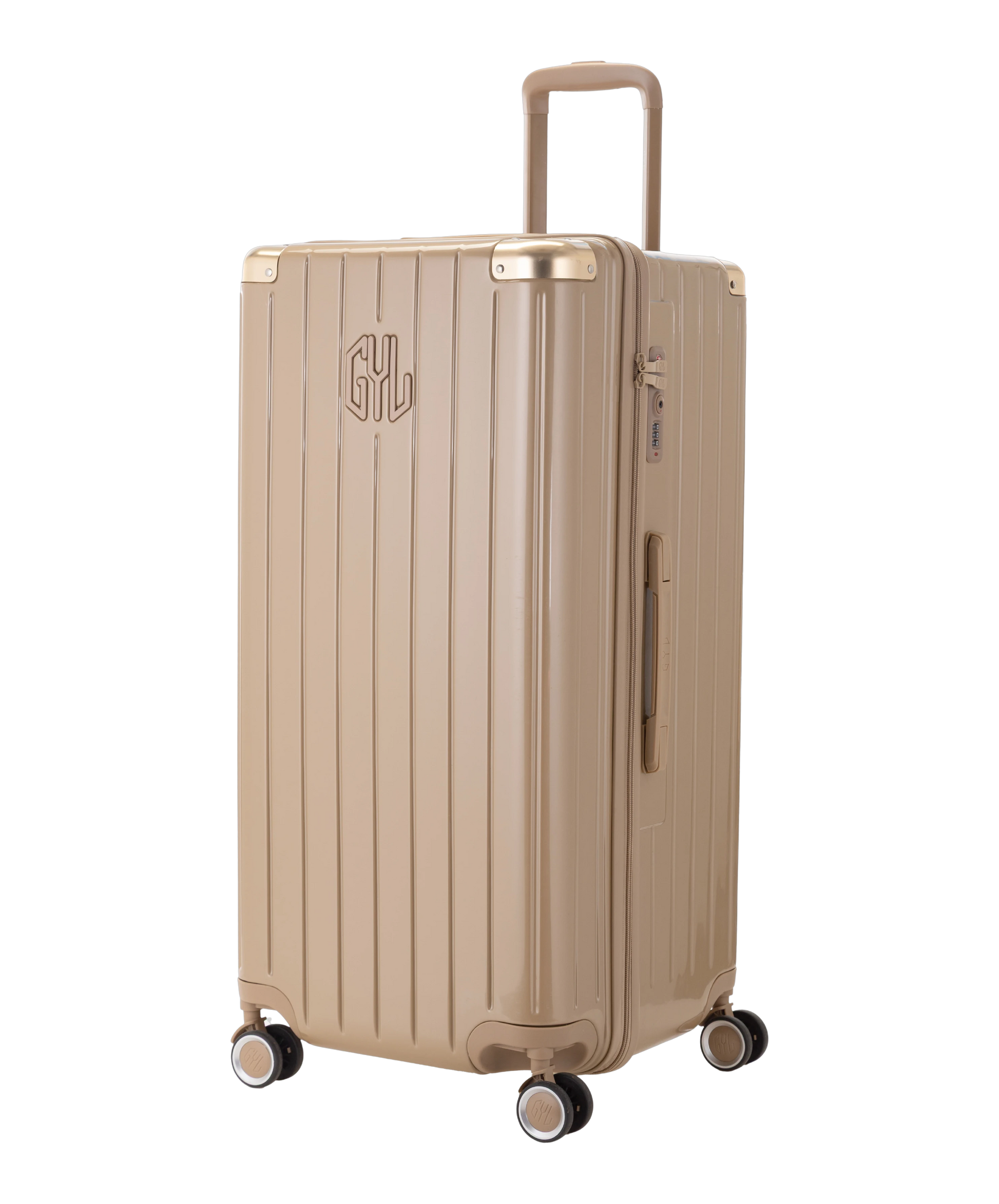 Valise Trunk XL Intemporelle GYL en polycarbonate 78 cm coloris champagne vue trois quarts avant