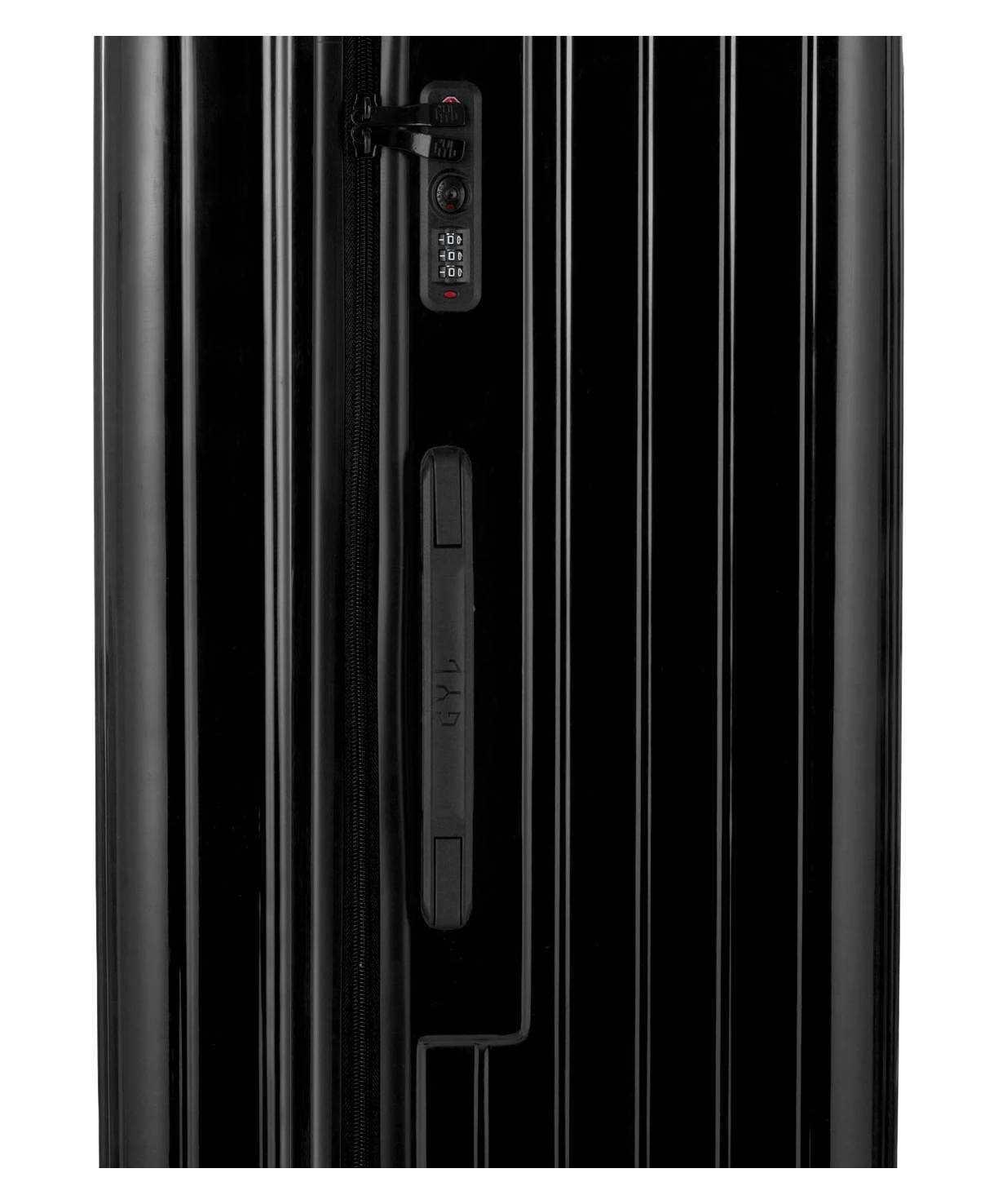 Valise Trunk XL Intemporelle GYL en polycarbonate 78 cm coloris noir gros plan sur la serrure TSA et la fermeture eclair