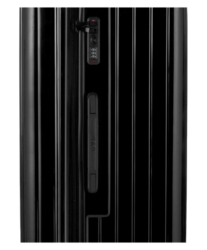 Valise Trunk XL Intemporelle GYL en polycarbonate 78 cm coloris noir gros plan sur la serrure TSA et la fermeture eclair