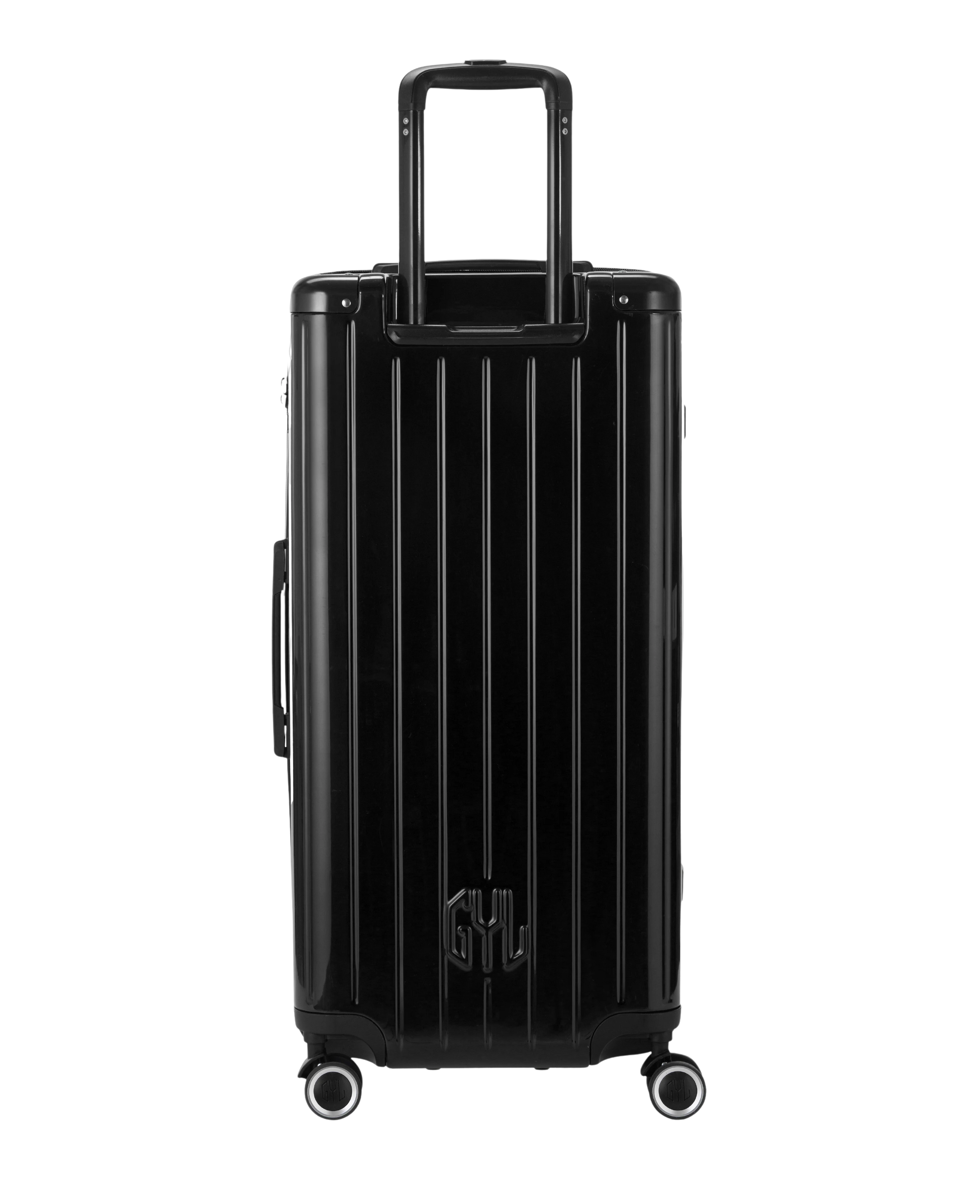 Valise Trunk XL Intemporelle GYL en polycarbonate 78 cm coloris noir vue de dos avec trolley telescopique deploye