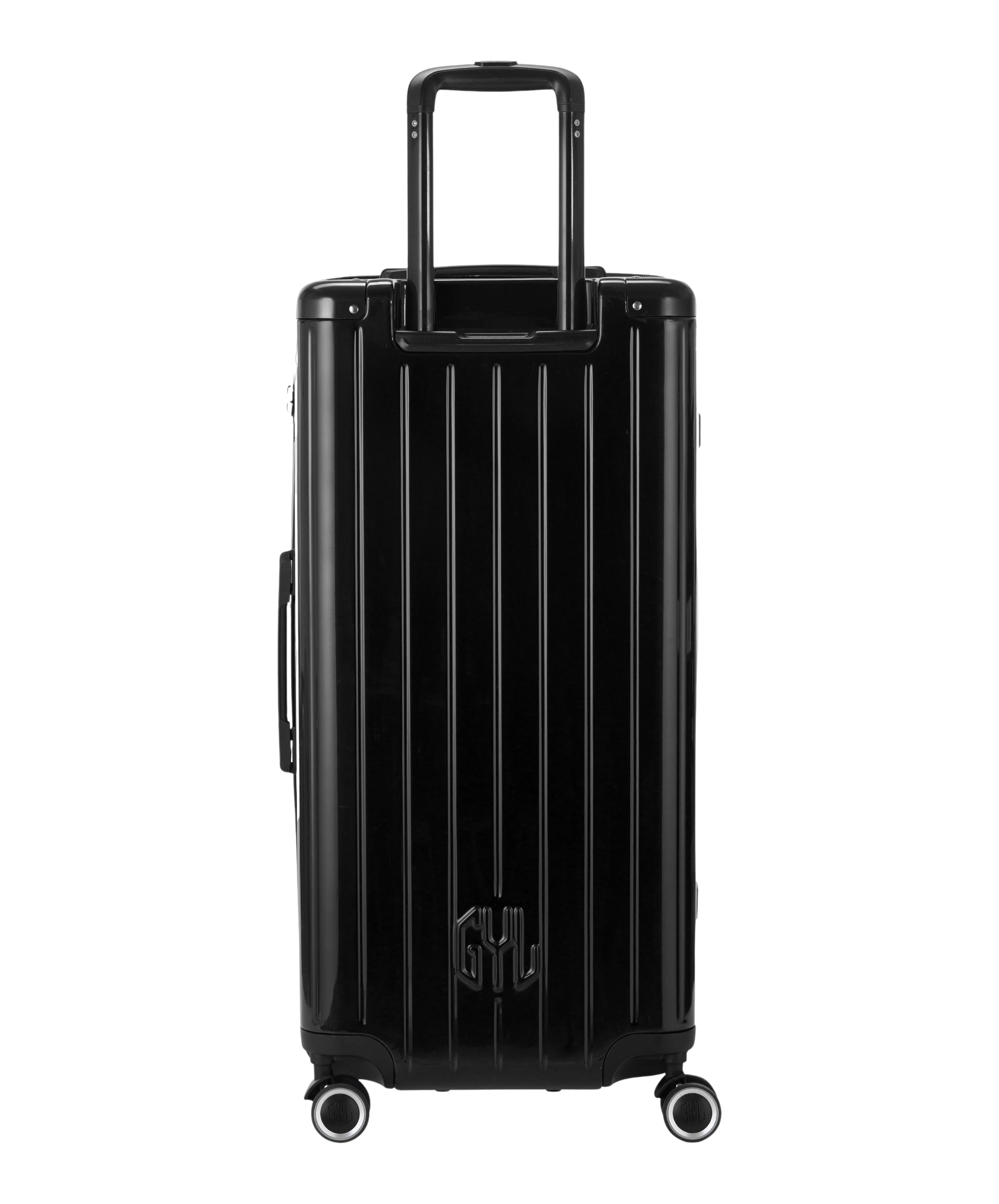 Valise Trunk XL Intemporelle GYL en polycarbonate 78 cm coloris noir vue de dos avec trolley telescopique deploye