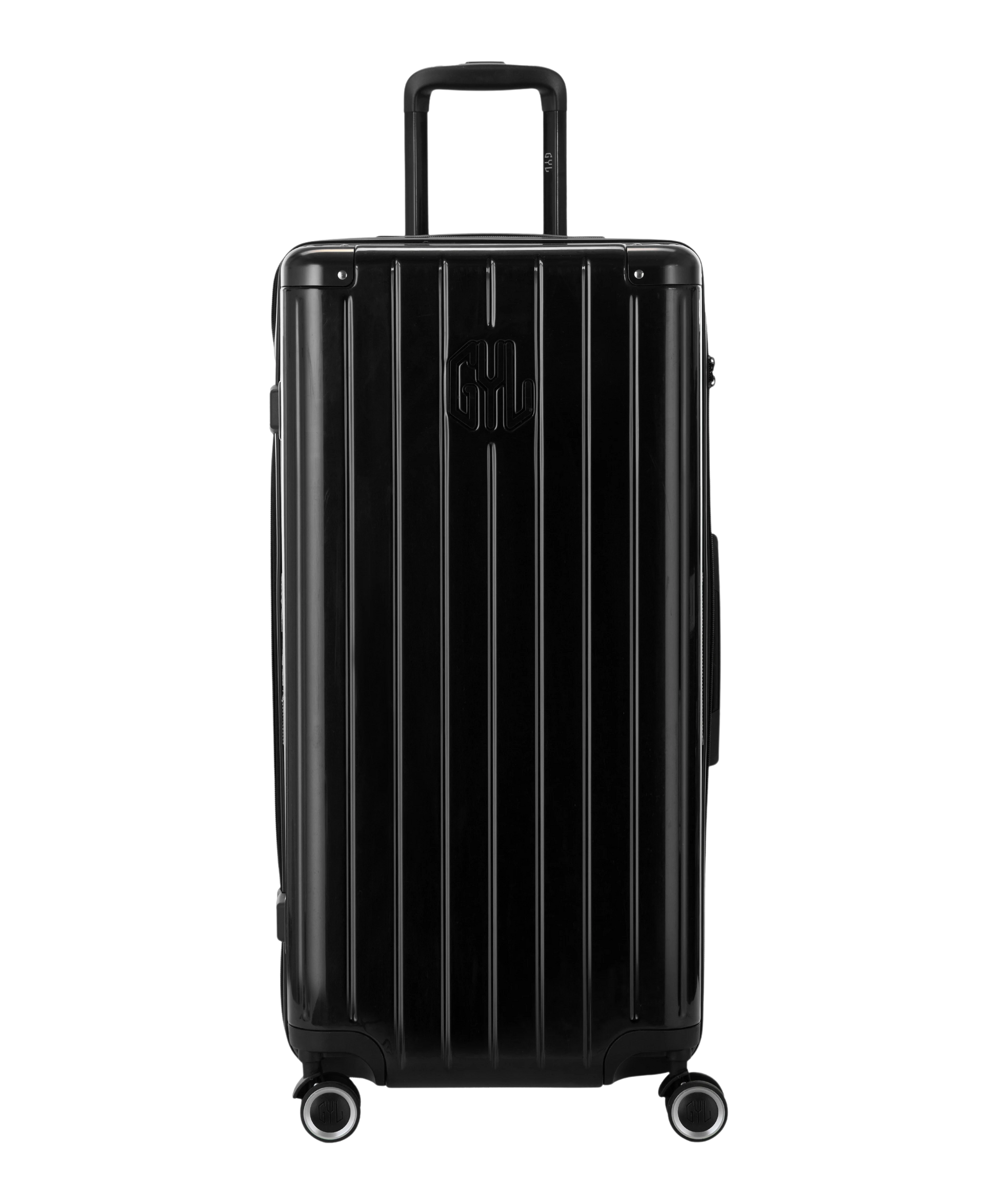 Valise Trunk XL Intemporelle GYL en polycarbonate 78 cm coloris noir vue de face avec logo GYL en relief