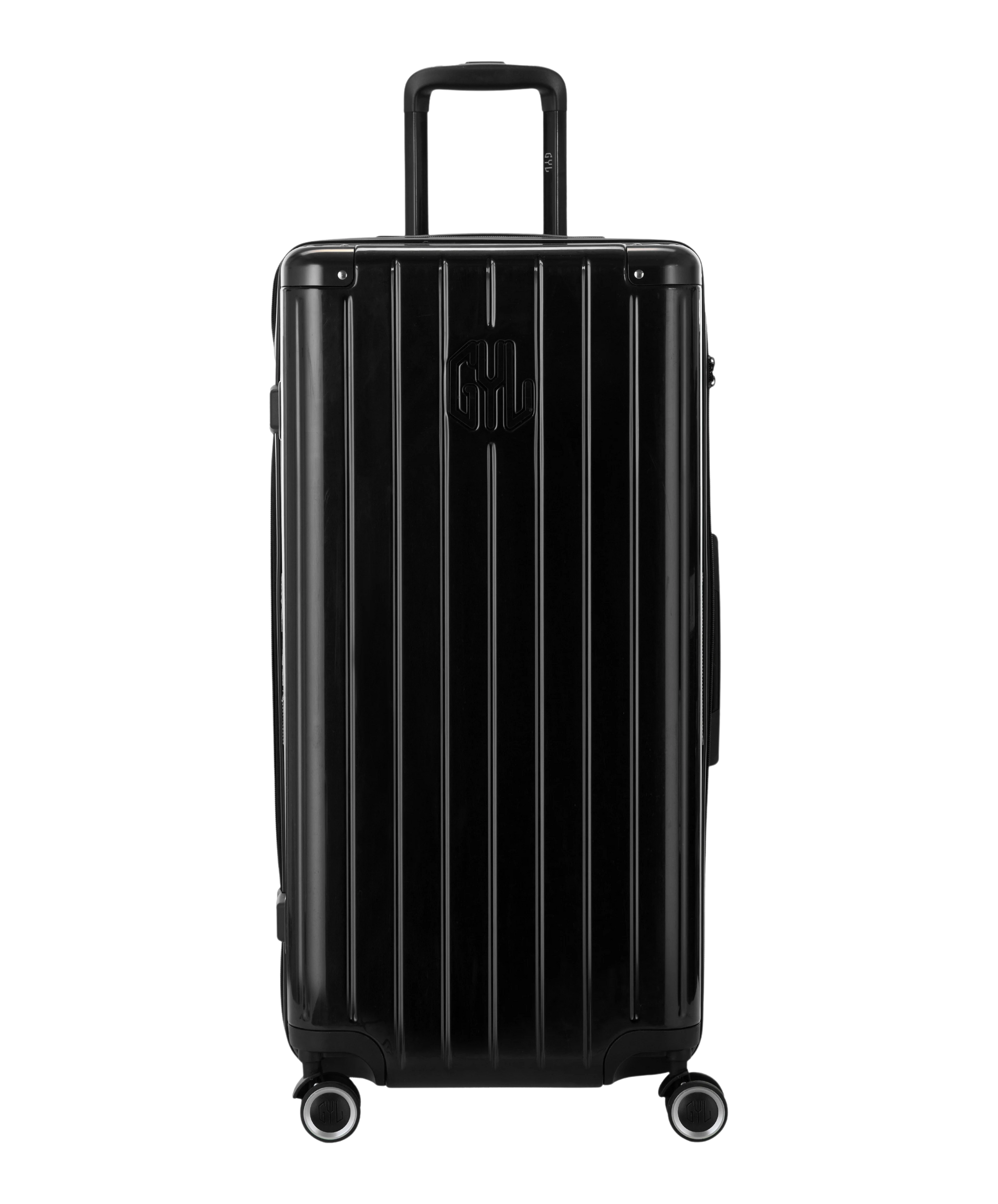 Valise Trunk XL Intemporelle GYL en polycarbonate 78 cm coloris noir vue de face avec logo GYL en relief