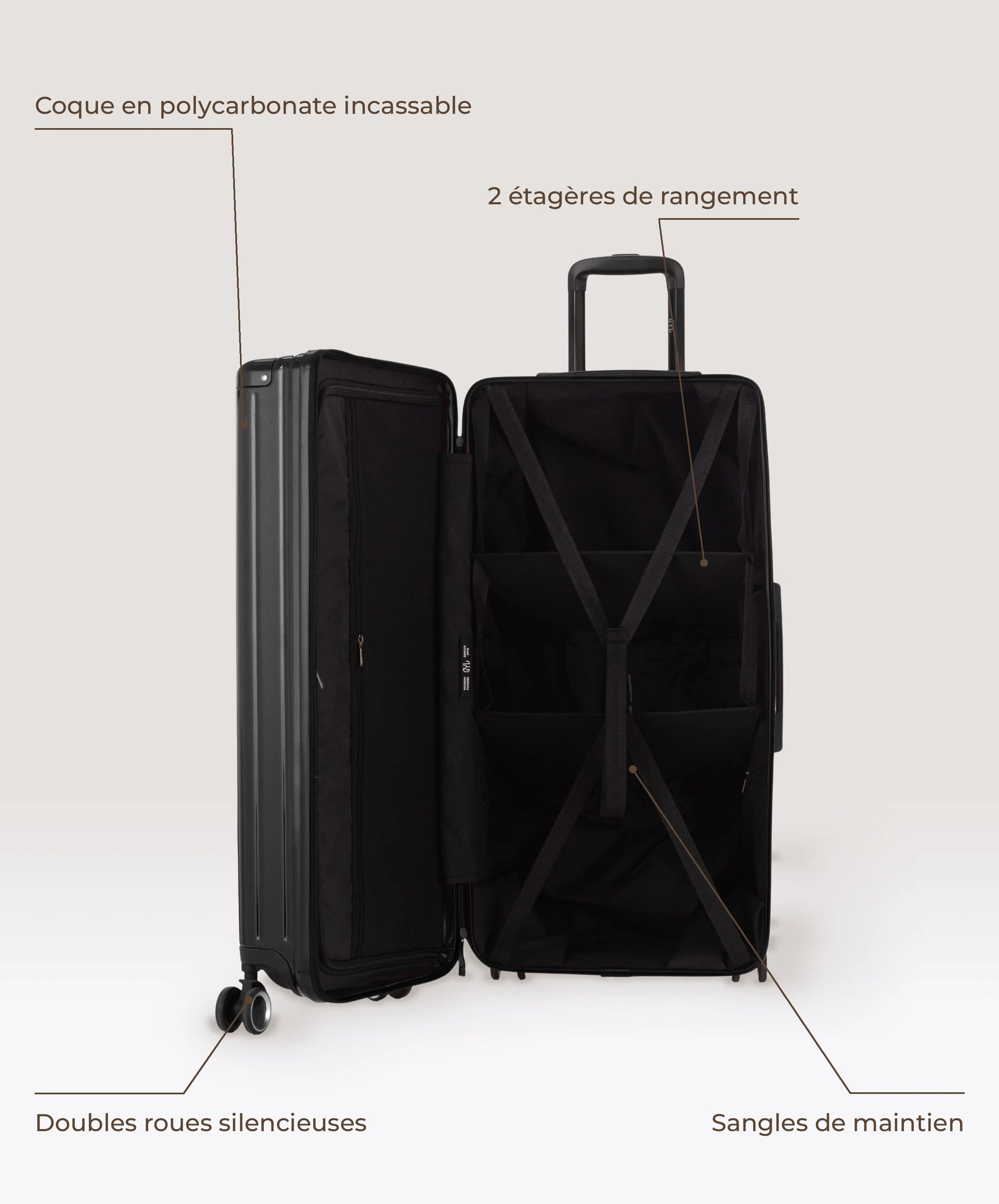 Valise Trunk XL Intemporelle GYL en polycarbonate 78 cm coloris noir, interieur ouvert, 2 etageres de rangement, sangles de maintien, coque en polycarbonate et doubles roues
