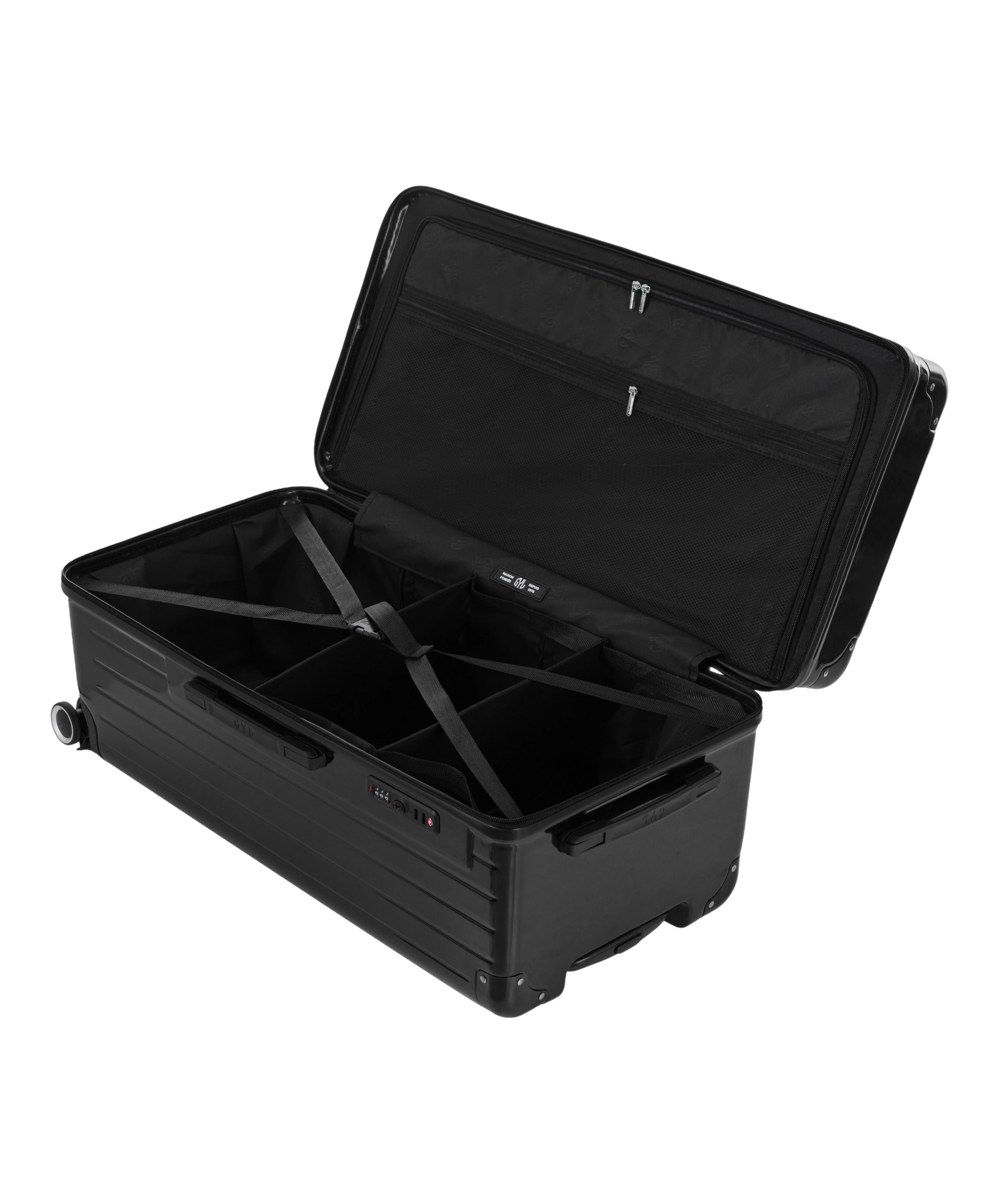 Valise Trunk XL Intemporelle GYL en polycarbonate 78 cm coloris noir interieur ouvert a plat vu de dessus avec separateurs