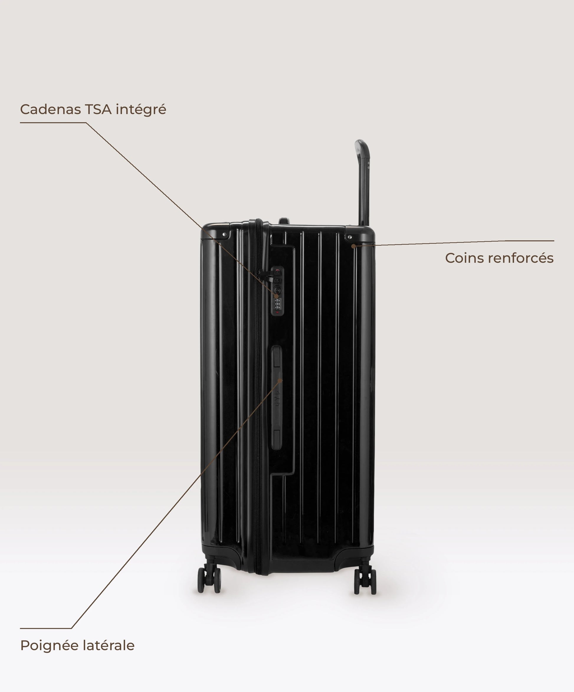 Valise Trunk XL Intemporelle GYL en polycarbonate 78 cm coloris noir, vue de profil, cadenas TSA integre, poignee laterale et coins renforces