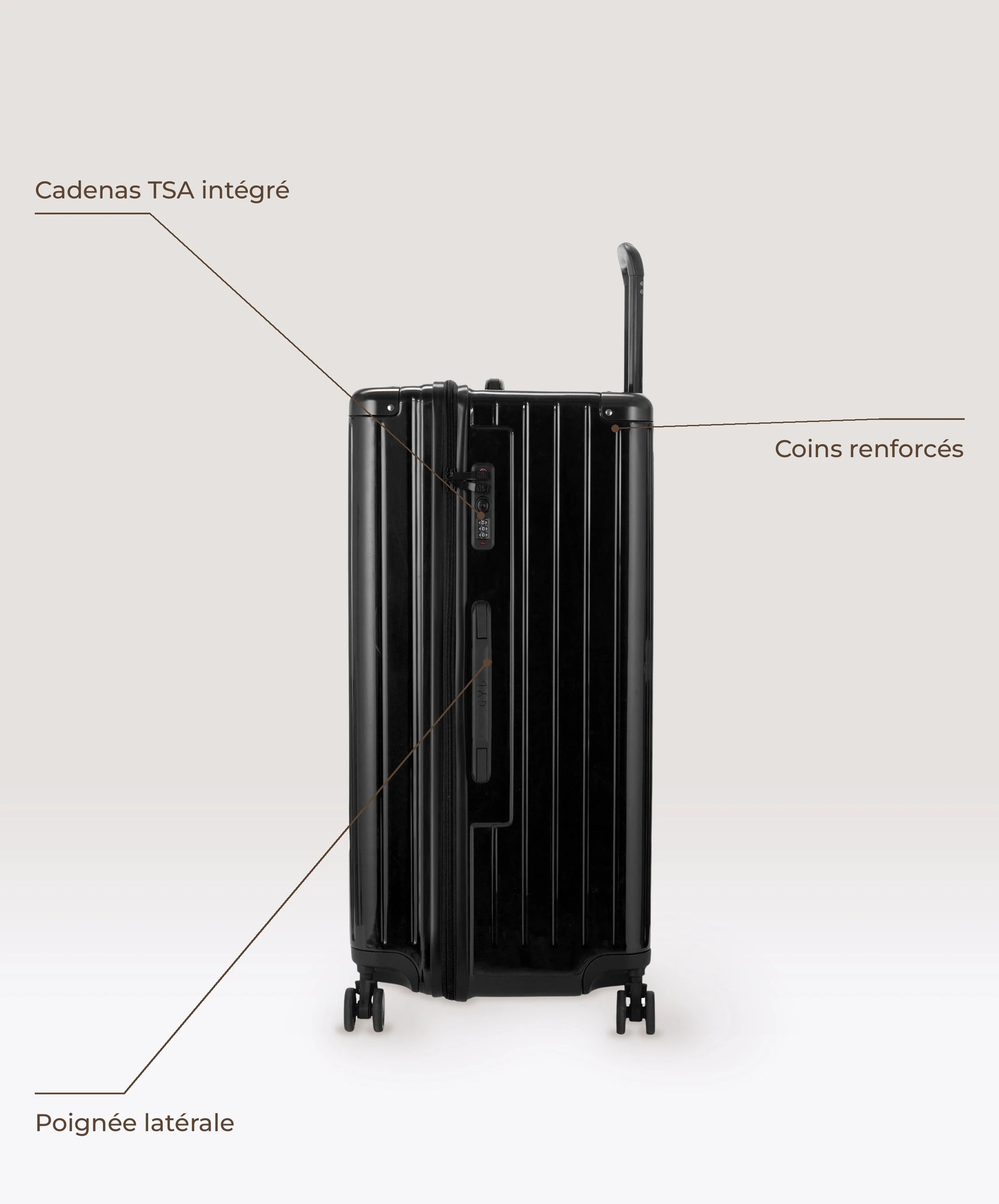 Valise Trunk XL Intemporelle GYL en polycarbonate 78 cm coloris noir, vue de profil, cadenas TSA integre, poignee laterale et coins renforces