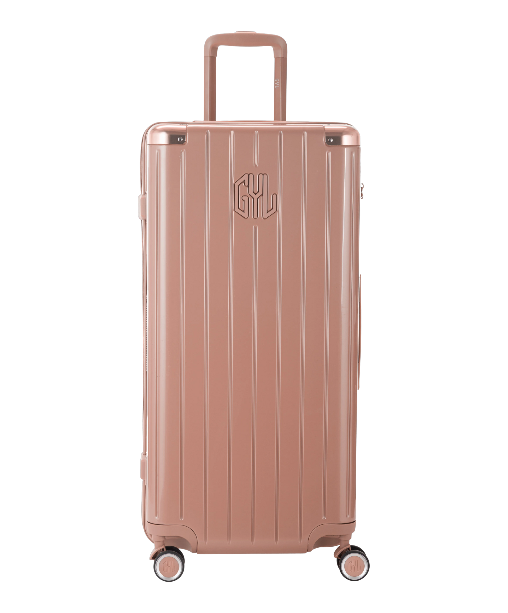 Valise Trunk XL Intemporelle GYL en polycarbonate 78 cm coloris rose gold vue de face avec logo GYL en relief