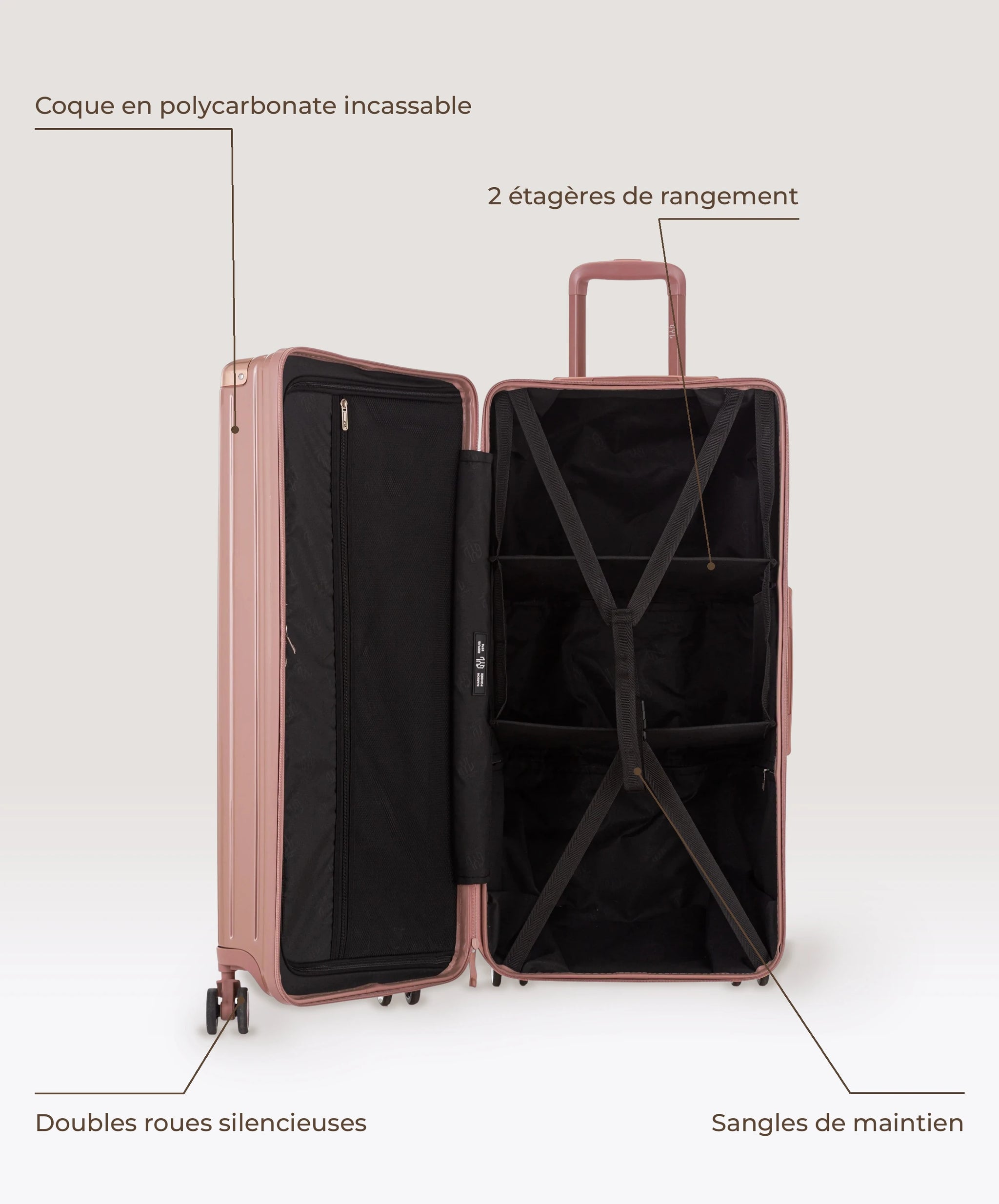 Valise Trunk XL Intemporelle GYL en polycarbonate 78 cm coloris rose gold, interieur ouvert, 2 etageres de rangement, sangles de maintien, coque en polycarbonate et doubles roues