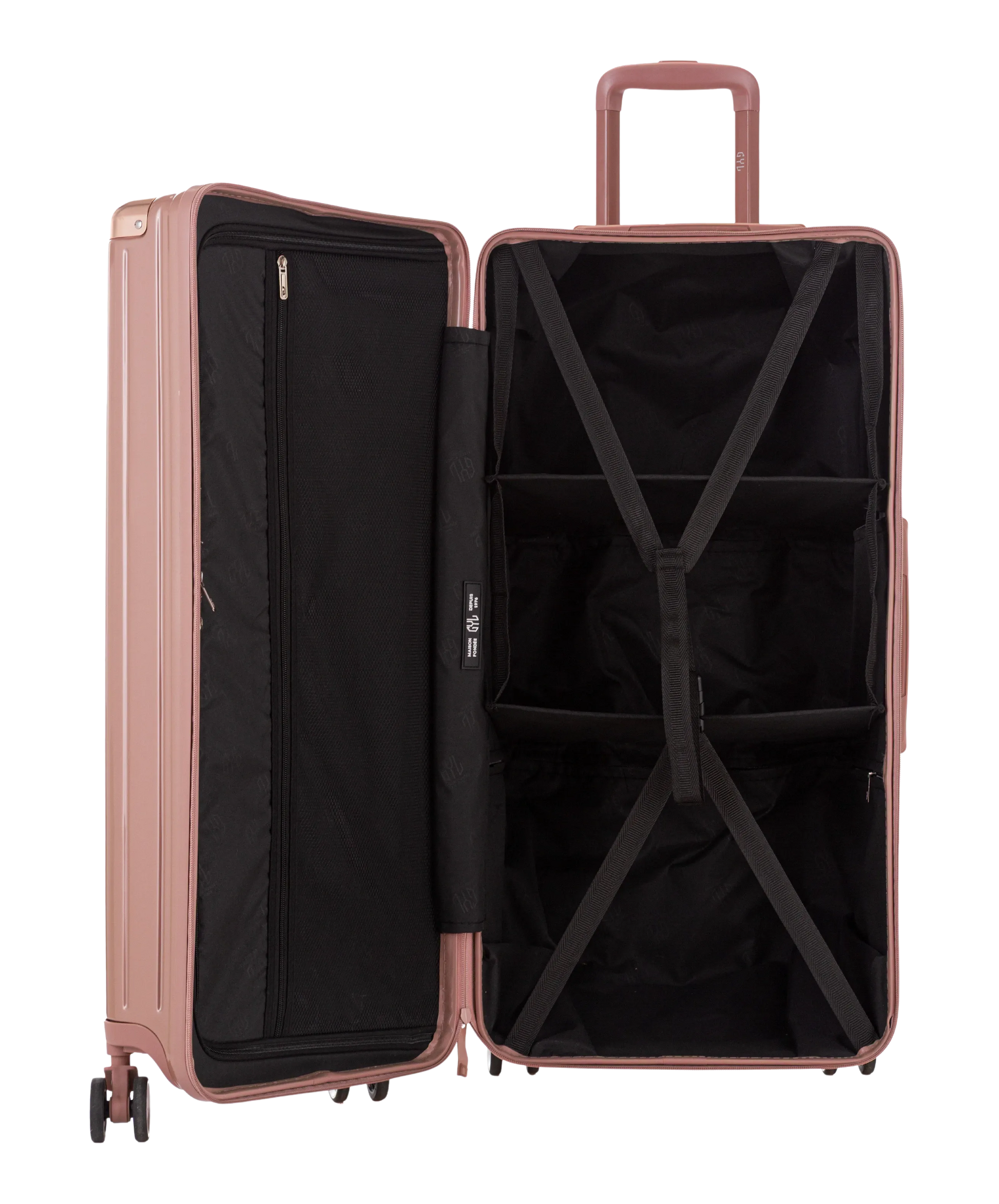Valise Trunk GYL en polycarbonate Trunk XL 80 cm coloris rose gold interieur ouvert avec sangles et compartiments