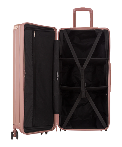Valise Trunk GYL en polycarbonate Trunk XL 80 cm coloris rose gold interieur ouvert avec sangles et compartiments