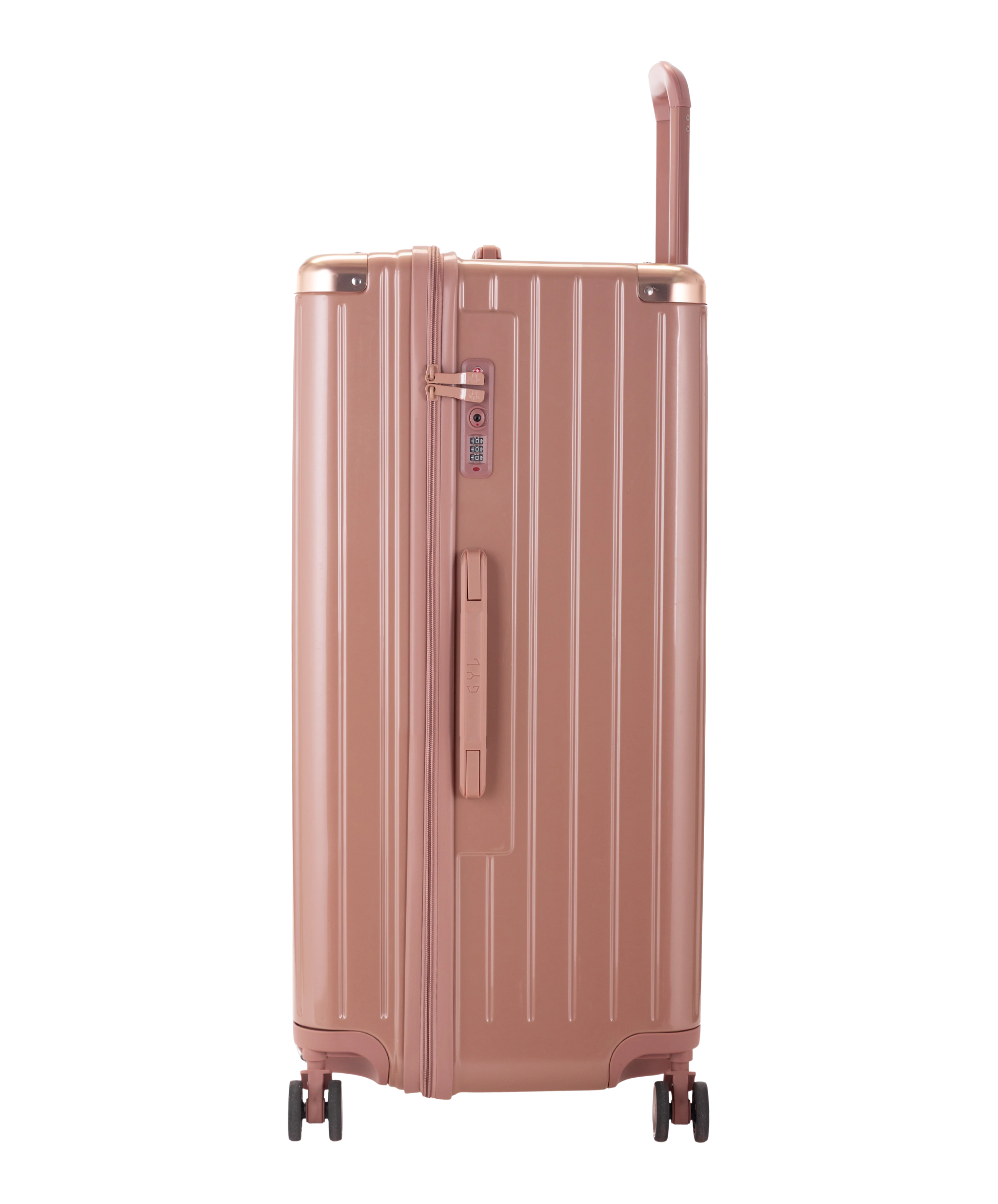 Valise Trunk GYL en polycarbonate Trunk XL 80 cm coloris rose gold vue de profil avec serrure TSA integree