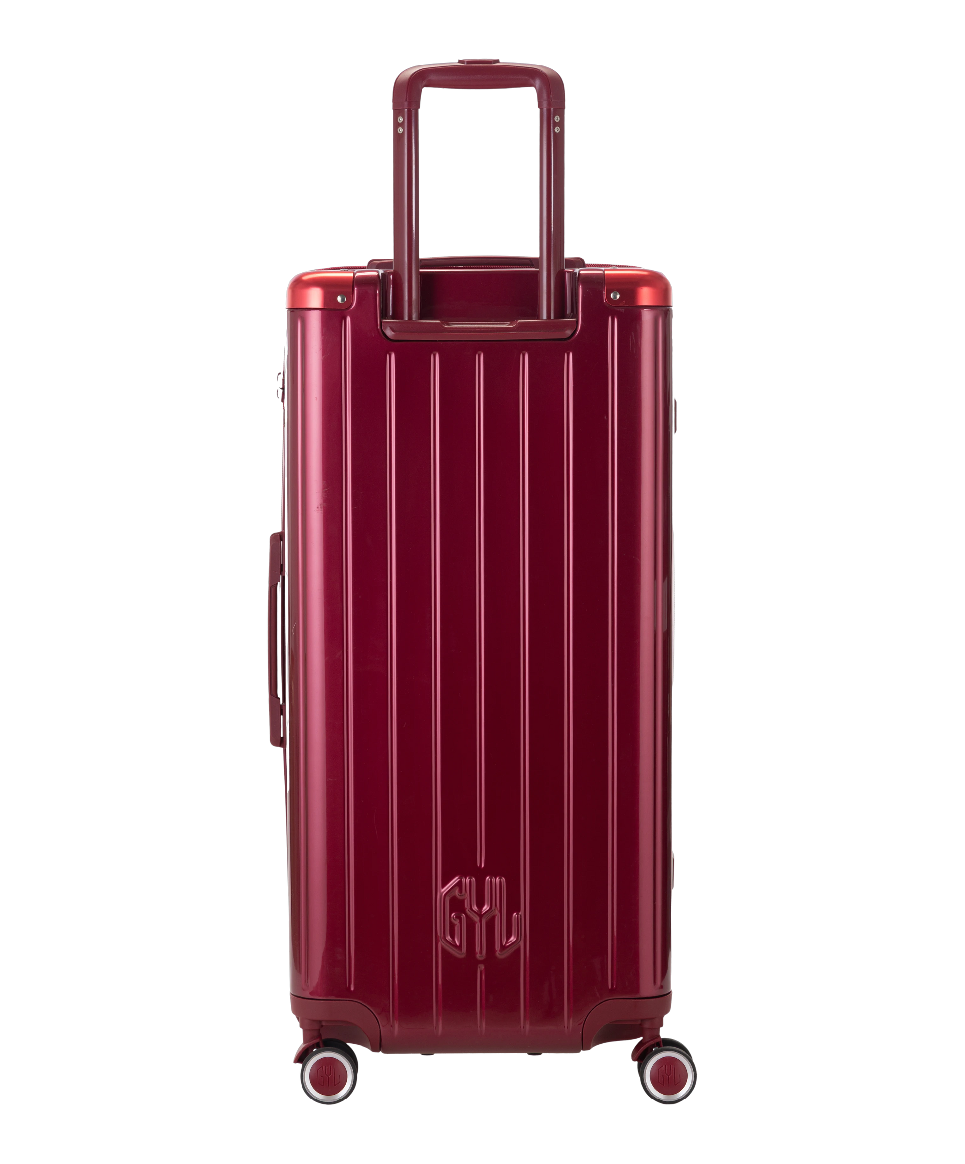 Valise Trunk XL Intemporelle GYL en polycarbonate 78 cm coloris rouge fonce vue de dos avec trolley telescopique deploye
