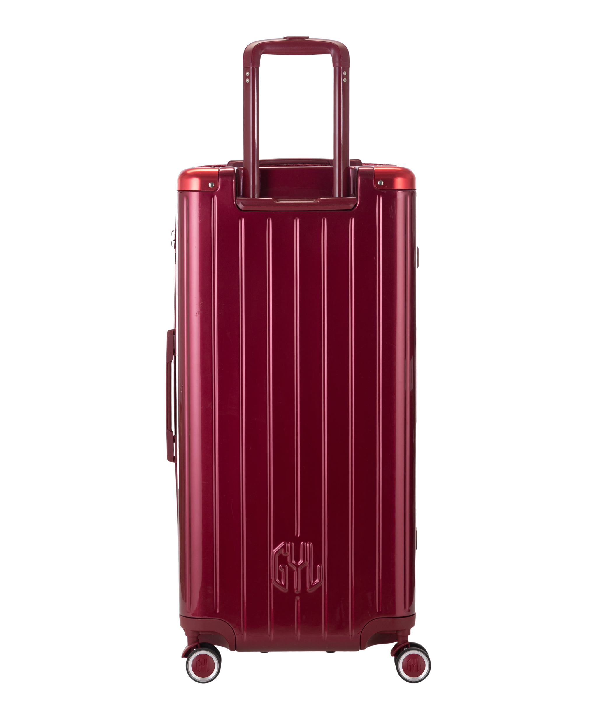 Valise Trunk XL Intemporelle GYL en polycarbonate 78 cm coloris rouge fonce vue de dos avec trolley telescopique deploye