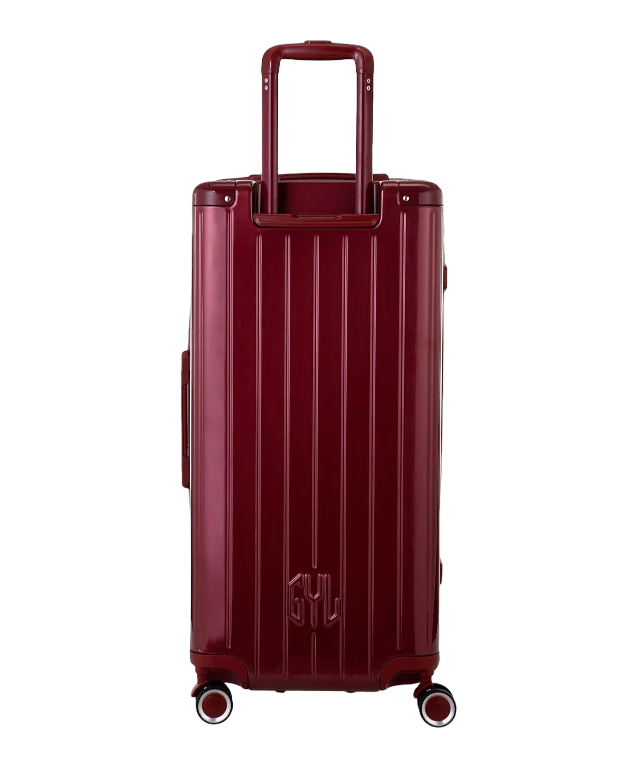Valise trunk GYL taille XL rouge fonce vue de dos avec trolley telescopique deploye