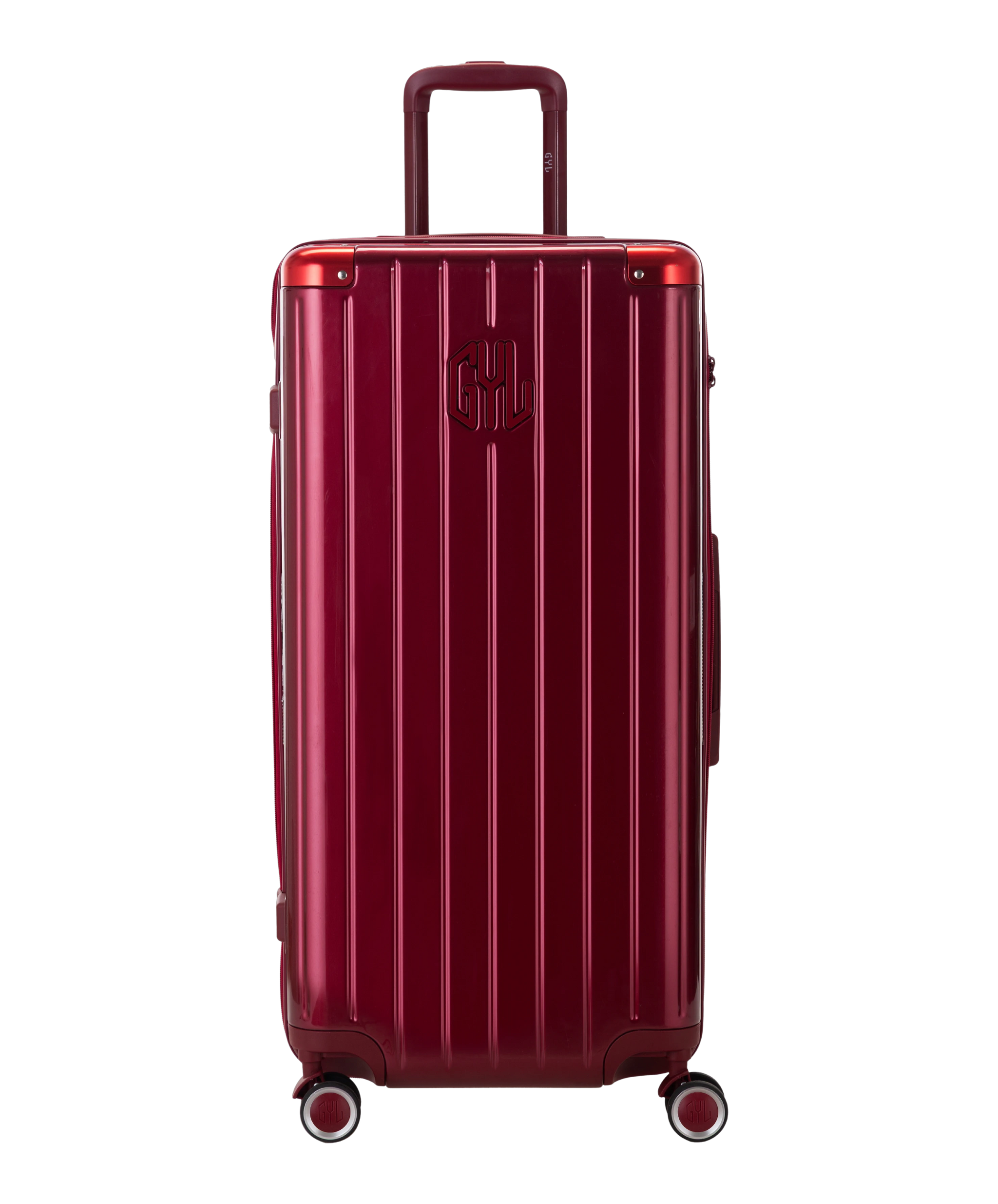 Valise Trunk XL Intemporelle GYL en polycarbonate 78 cm coloris rouge fonce vue de face avec logo GYL en relief