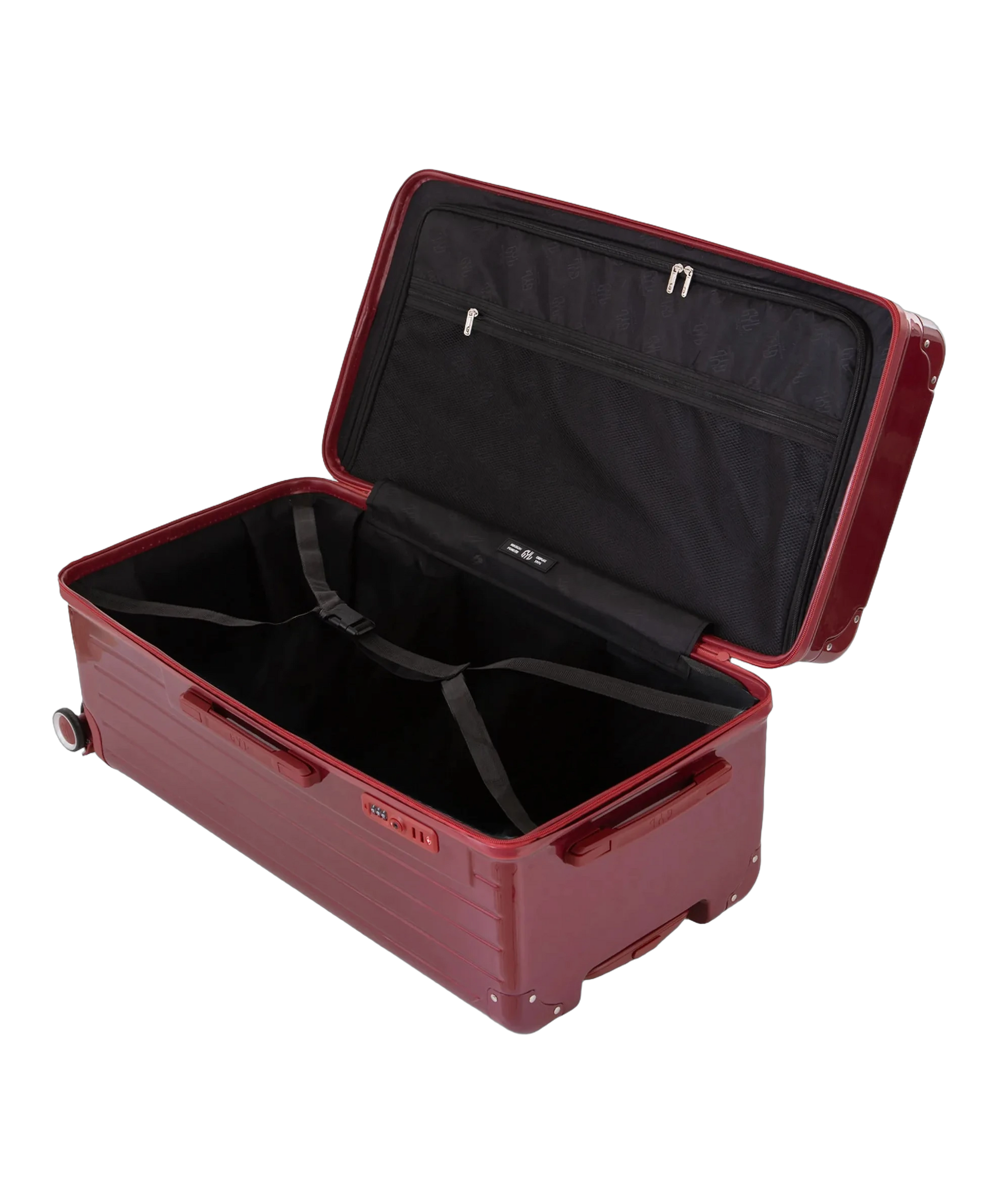 Valise trunk GYL taille XL rouge fonce interieur ouvert avec compartiments et sangles