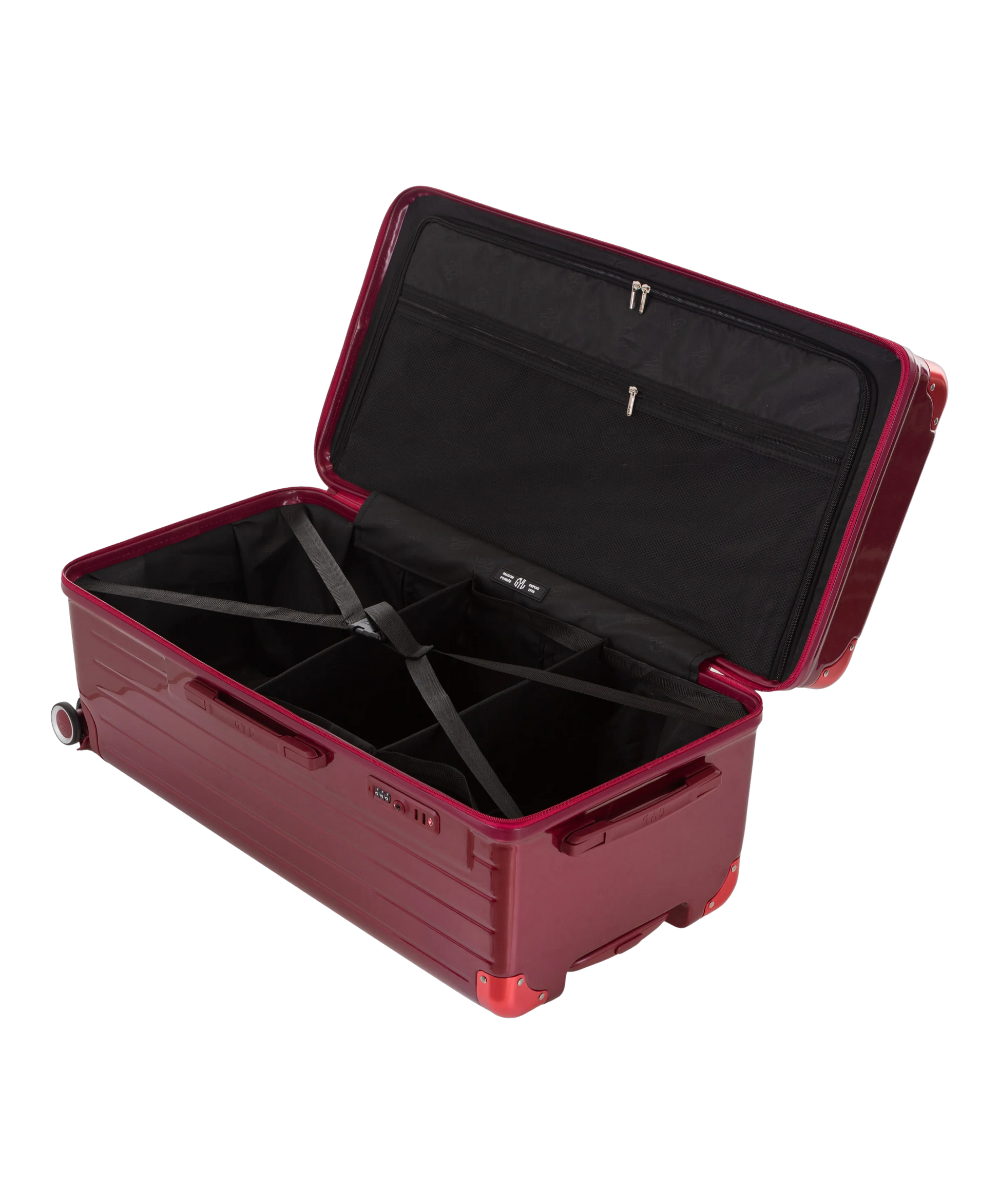 Valise Trunk XL Intemporelle GYL en polycarbonate 78 cm coloris rouge fonce interieur ouvert a plat vu de dessus avec separateurs