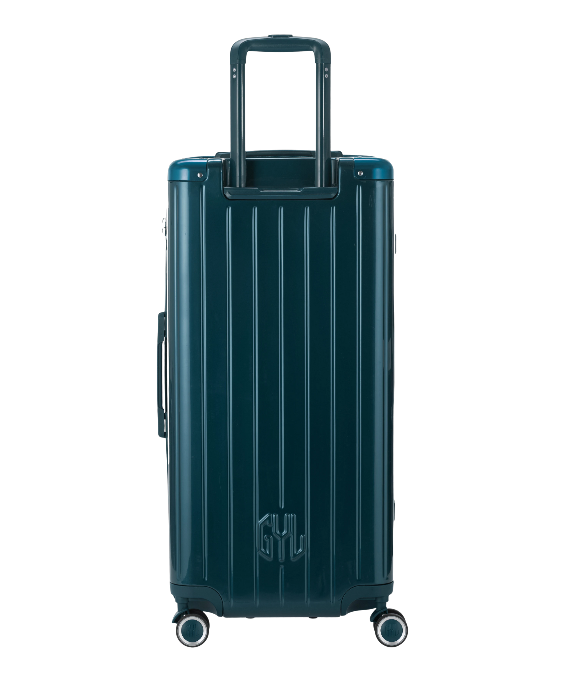 Valise Trunk XL Intemporelle GYL en polycarbonate 78 cm coloris sapin vue de dos avec trolley telescopique deploye