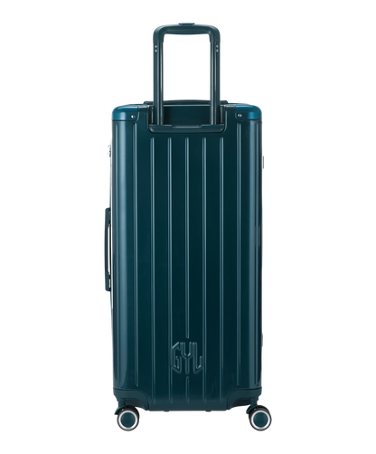 Valise Trunk XL Intemporelle GYL en polycarbonate 78 cm coloris sapin vue de dos avec trolley telescopique deploye