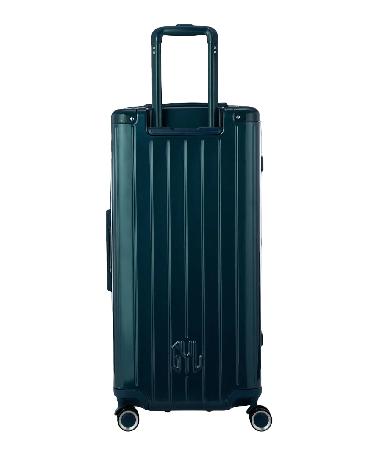 Valise trunk GYL taille XL sapin vue de dos avec trolley telescopique deploye
