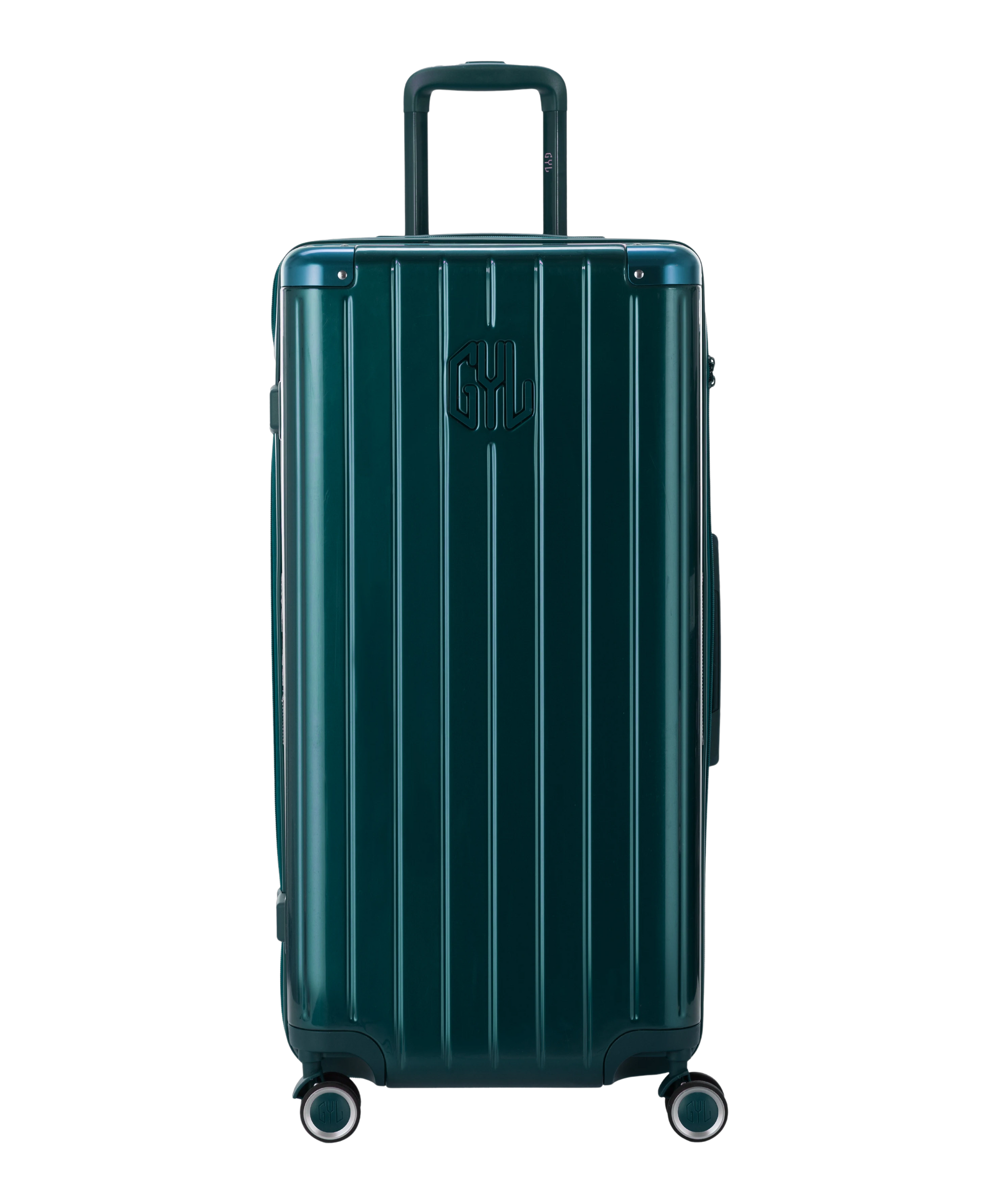Valise Trunk XL Intemporelle GYL en polycarbonate 78 cm coloris sapin vue de face avec logo GYL en relief
