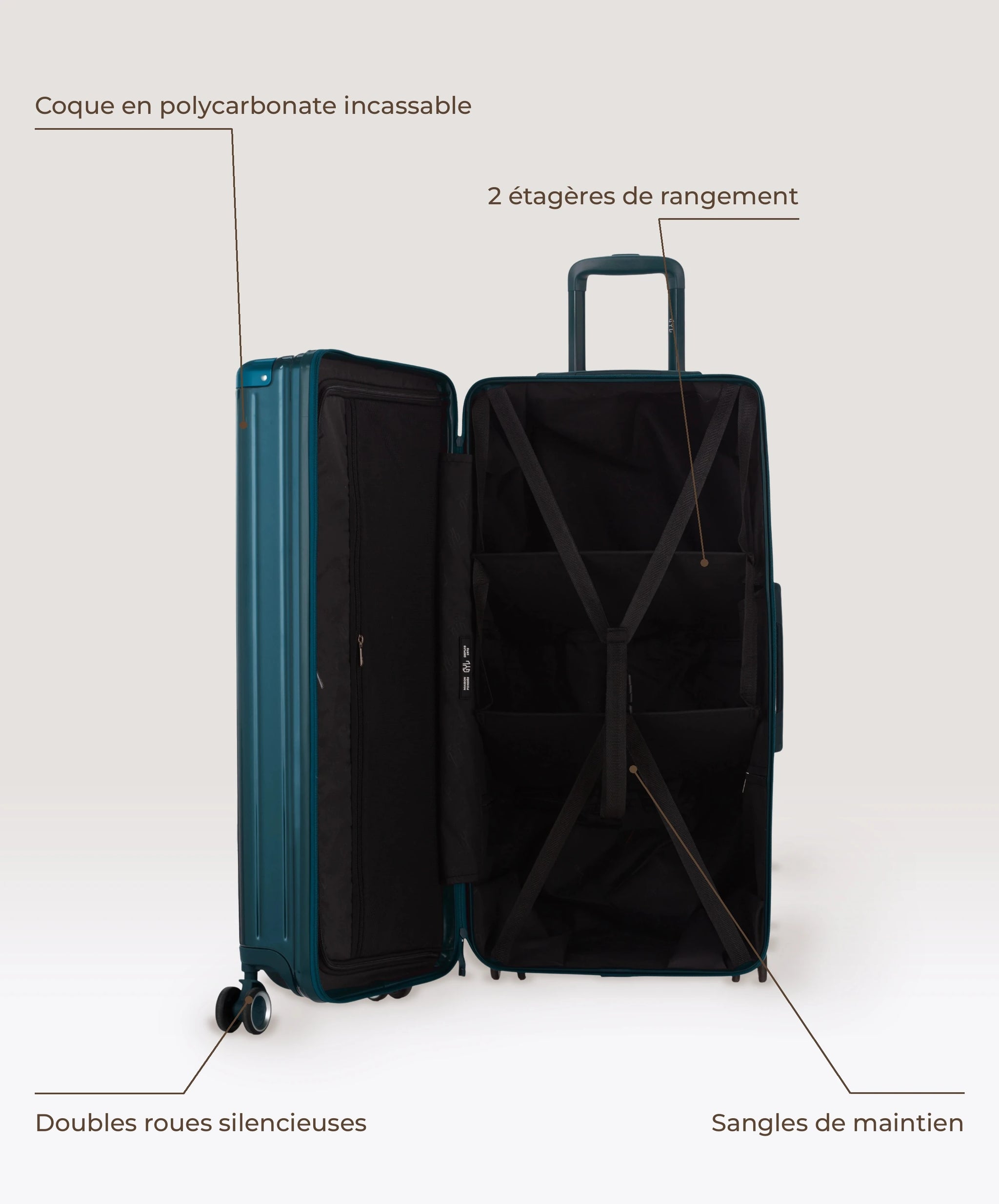 Valise Trunk XL Intemporelle GYL en polycarbonate 78 cm coloris sapin, interieur ouvert, 2 etageres de rangement, sangles de maintien, coque en polycarbonate et doubles roues