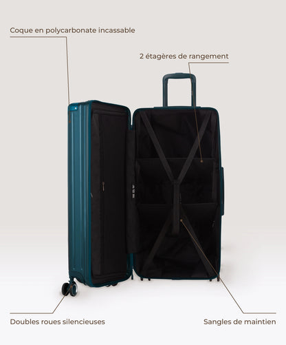 Valise Trunk XL Intemporelle GYL en polycarbonate 78 cm coloris sapin, interieur ouvert, 2 etageres de rangement, sangles de maintien, coque en polycarbonate et doubles roues
