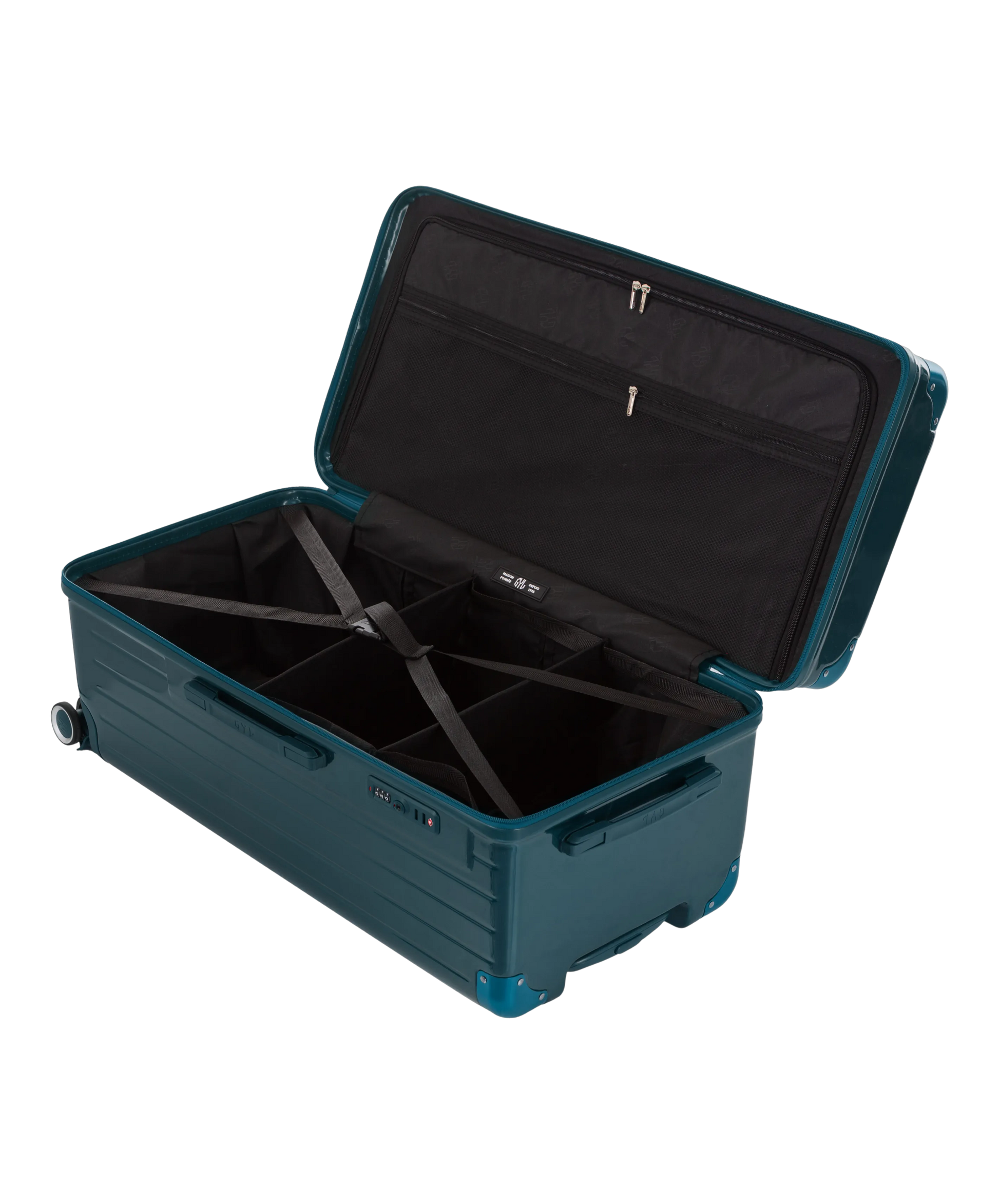Valise Trunk XL Intemporelle GYL en polycarbonate 78 cm coloris sapin interieur ouvert a plat vu de dessus avec separateurs
