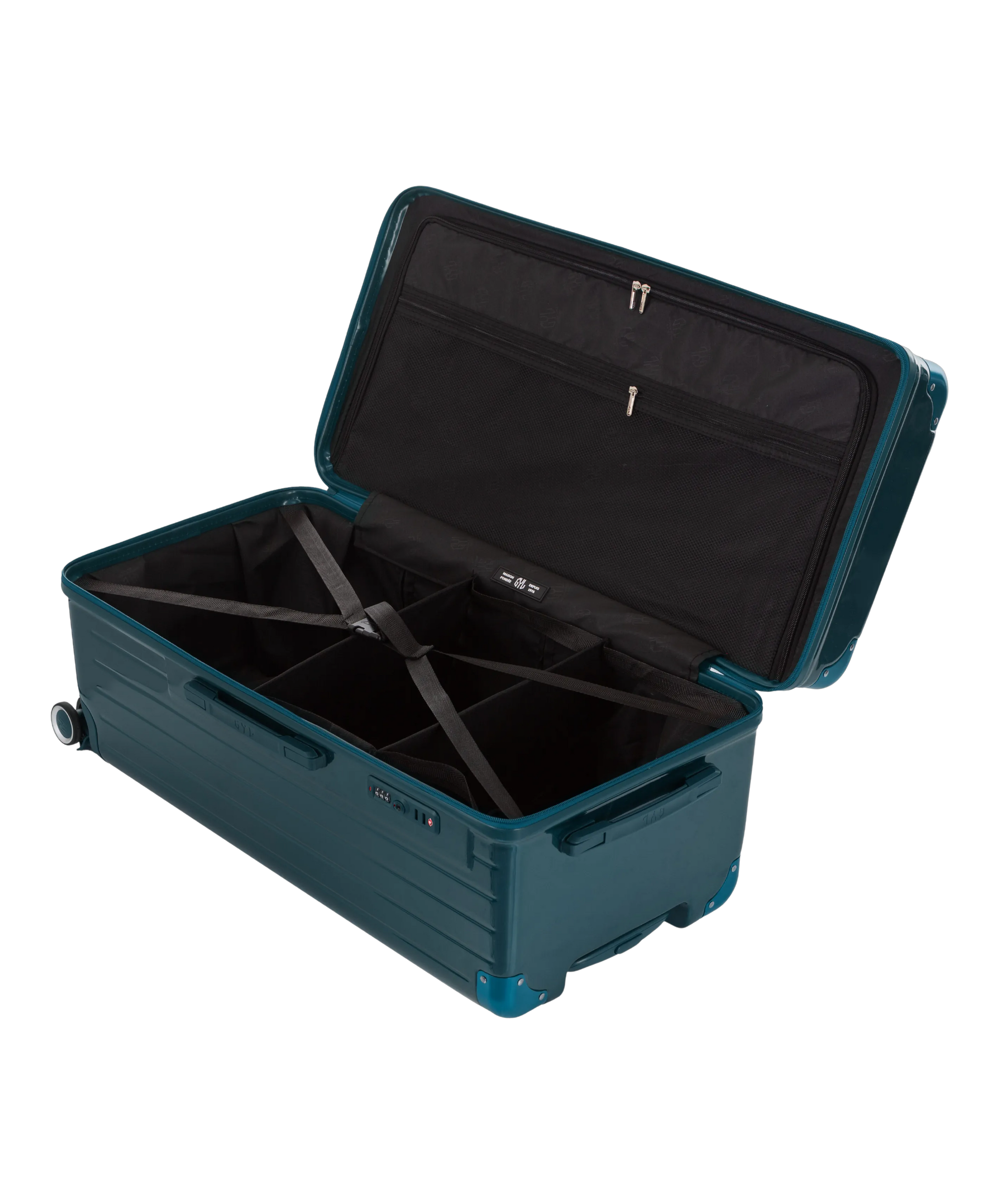 Valise Trunk XL Intemporelle GYL en polycarbonate 78 cm coloris sapin interieur ouvert a plat vu de dessus avec separateurs