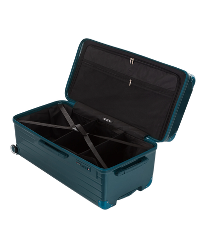 Valise Trunk XL Intemporelle GYL en polycarbonate 78 cm coloris sapin interieur ouvert a plat vu de dessus avec separateurs