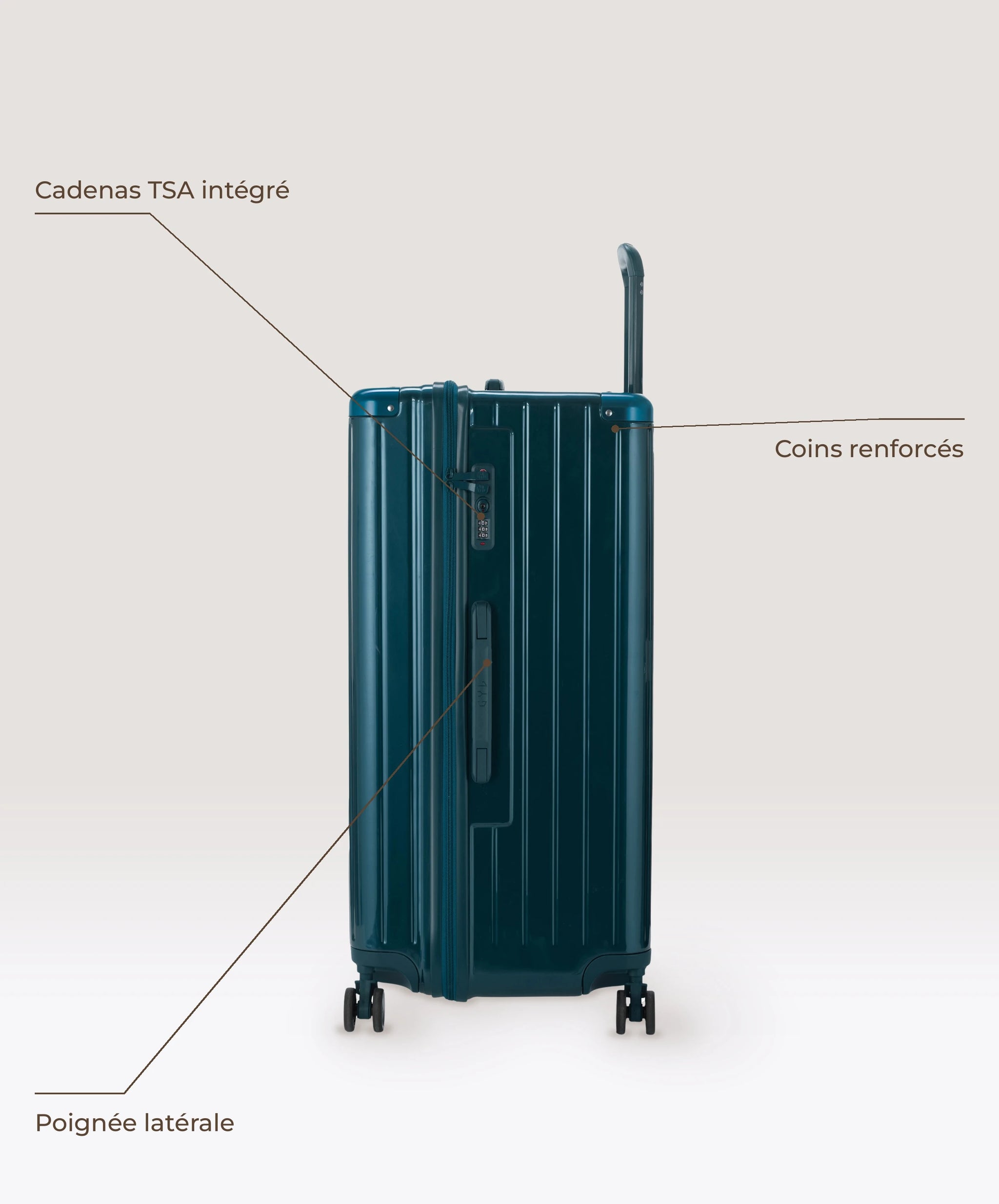 Valise Trunk XL Intemporelle GYL en polycarbonate 78 cm coloris sapin, vue de profil, cadenas TSA integre, poignee laterale et coins renforces