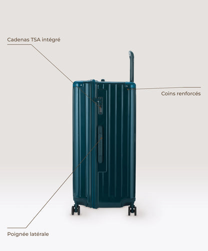Valise Trunk XL Intemporelle GYL en polycarbonate 78 cm coloris sapin, vue de profil, cadenas TSA integre, poignee laterale et coins renforces