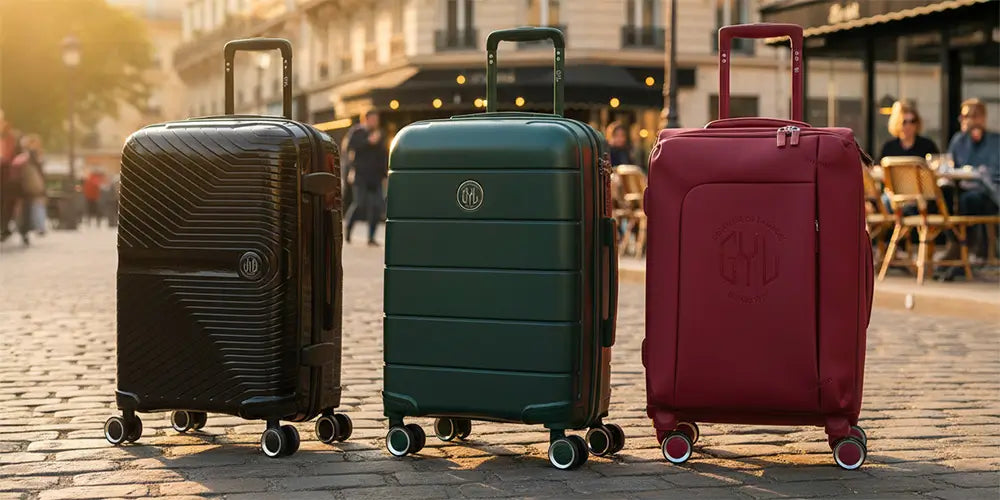 Trois valises cabines GYL de 55 cm – la noire Signature en polypropylène, la verte Citadine au design épuré et la rouge Évasion en polyuréthane – posées sur les pavés parisiens devant un café chic au coucher du soleil.